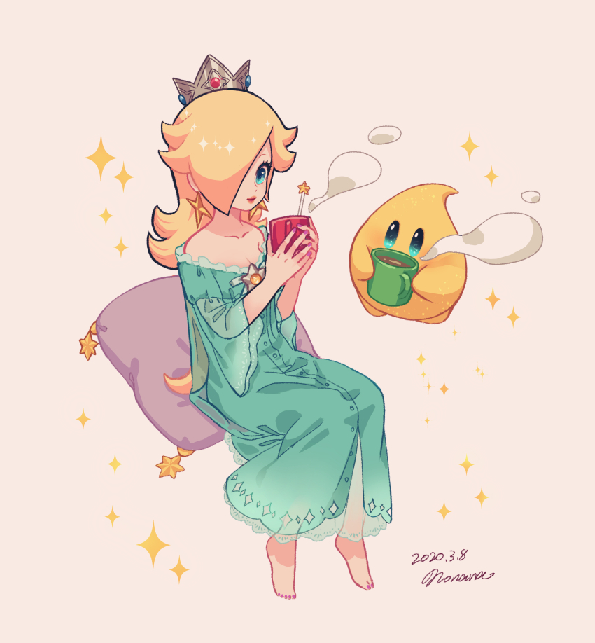 1girl aqua_eyes aqua_nightgown artist_name bare_shoulders barefoot blonde_hair brooch closed_mouth coffee coffee_mug collarbone commentary crown cup dated earrings eyelashes feet frills hair_over_one_eye hands_up holding holding_cup jewelry long_hair long_sleeves looking_at_viewer luma_(mario) mini_crown mug nightgown nonana_(galaxycat89p13) one_eye_covered parted_bangs pillow rosalina sidelocks signature simple_background sitting smile solo sparkle star_(symbol) star_brooch star_earrings steam super_mario_bros. swept_bangs symbol-only_commentary wide_sleeves yellow_background