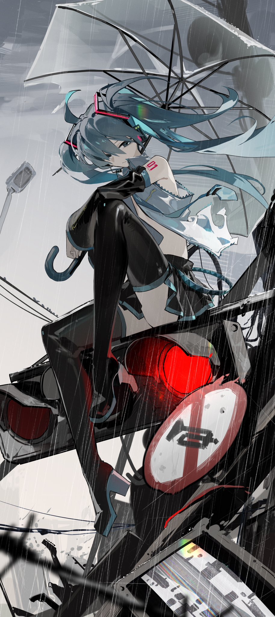 1girl ahoge arm_on_knee bare_shoulders black_footwear black_skirt black_sleeves blue_eyes blue_hair blue_necktie boots closed_mouth collared_shirt day detached_sleeves expressionless floating_hair full_body grey_shirt hair_ornament hatsune_miku highres holding holding_umbrella jitome jiu_ye_sang knee_up lamppost long_hair long_sleeves looking_at_viewer miniskirt necktie number_tattoo outdoors overcast pleated_skirt rain road_sign shirt sidelocks sign sitting skirt sky sleeveless sleeveless_shirt solo tattoo thigh_boots tie_clip traffic_light transparent transparent_umbrella twintails umbrella very_long_hair vocaloid
