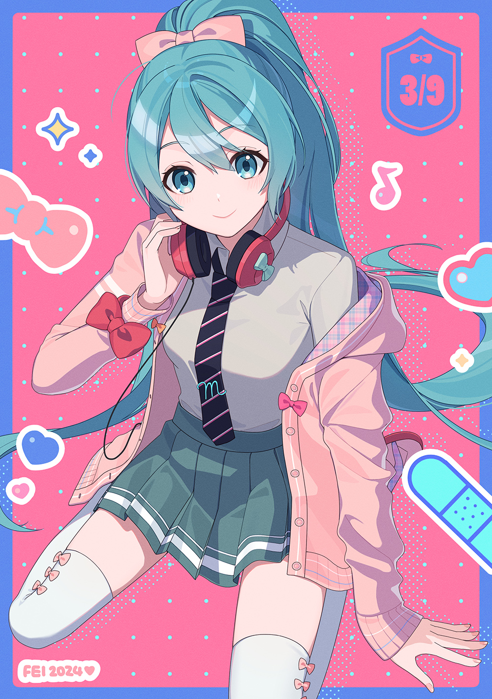1girl 39 black_necktie blue_border blue_eyes blue_hair border bow breasts closed_mouth collared_shirt commentary_request diagonal-striped_clothes diagonal-striped_necktie fen_renlei green_skirt hair_between_eyes hand_on_headphones hand_up hatsune_miku headphones headphones_around_neck highres hood hood_down hooded_jacket jacket long_hair looking_at_viewer miku_day necktie off_shoulder open_clothes open_jacket pink_jacket pleated_skirt ponytail project_diva_(series) red_background red_bow ribbon_girl_(module) shirt sitting skirt small_breasts smile solo striped_clothes thigh-highs very_long_hair vocaloid wariza white_shirt white_thighhighs