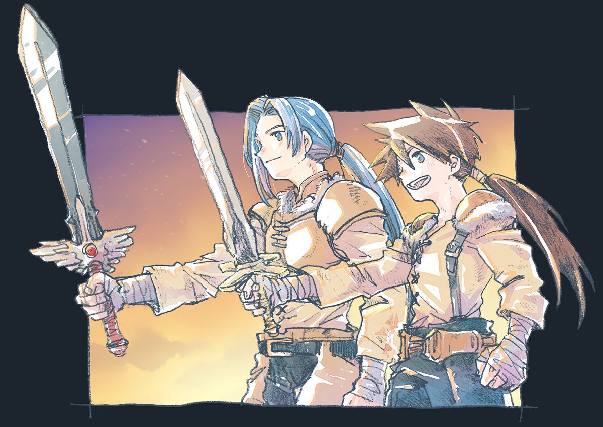 2boys belt blue_hair brothers brown_hair closed_mouth grandia grandia_ii holding holding_sword holding_weapon long_hair male_focus melfice_(grandia) michibata_65 multiple_boys open_mouth ponytail ryudo_(grandia) siblings smile sword weapon