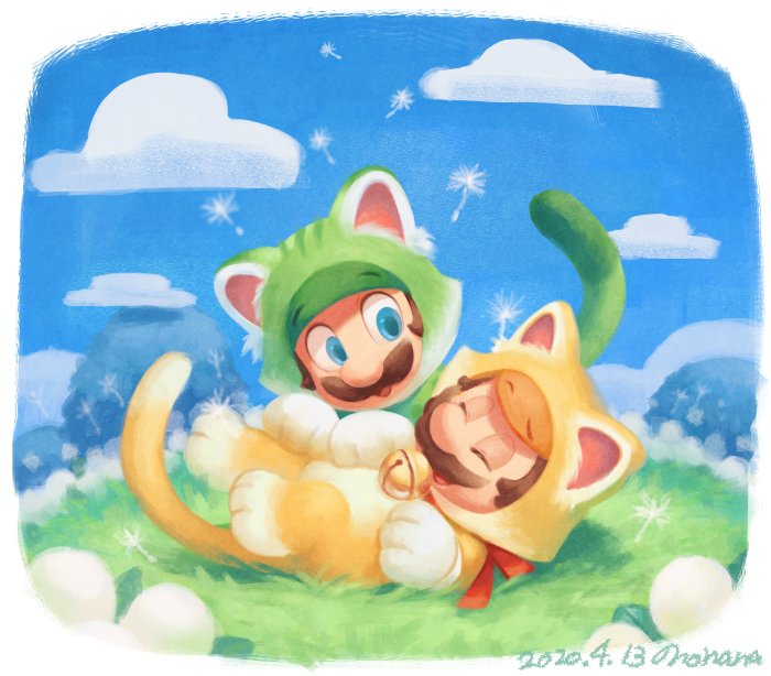 2boys :d ^_^ animal_costume animal_ears aqua_eyes bell blue_sky border brothers brown_hair cat_costume cat_ears cat_luigi cat_mario cat_tail closed_eyes clouds commentary_request dandelion_seed day facial_hair flower grass hill jingle_bell looking_at_another luigi lying male_focus mario multiple_boys mustache neck_bell nonana_(galaxycat89p13) on_back open_mouth outdoors red_ribbon ribbon short_hair siblings sky smile super_mario_3d_world super_mario_bros. tail white_border white_flower