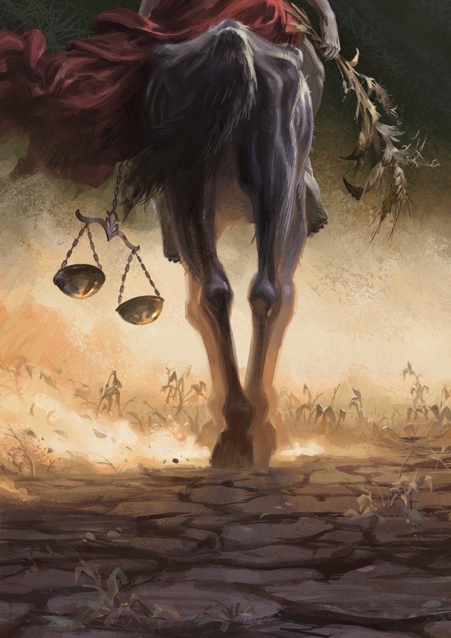 1boy barefoot black_horse christian_mythology commentary crack cracked_floor delarave dried_flower english_commentary famine_(book_of_revelation) head_out_of_frame highres holding holding_scale holding_wheat horse horse_tail horseback_riding out_of_frame red_robe riding robe scales skinny skinny_legs tail weighing_scale wheat
