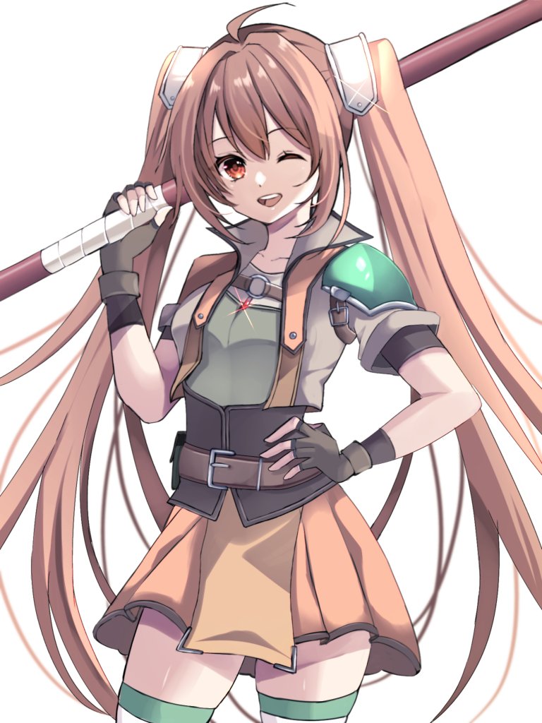1girl ahoge brown_hair eiyuu_densetsu elbow_gloves estelle_bright floating_hair gloves hand_on_own_hip holding holding_staff long_hair looking_at_viewer natsusechoco one_eye_closed red_eyes skirt smile solo sora_no_kiseki staff twintails