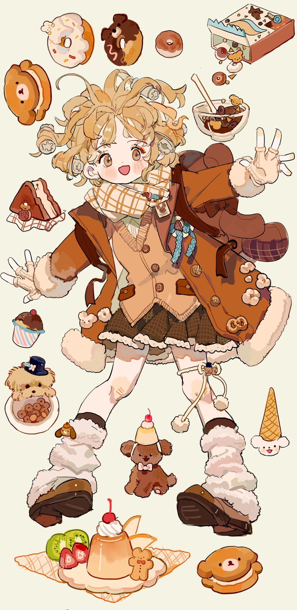 1girl :d backpack bag bagel bandaid bandaid_on_leg blonde_hair blush blush_stickers brown_coat brown_eyes brown_footwear brown_skirt brown_theme buttons cake cake_slice candy cherry chocolate coat cookie cupcake curly_hair dog doughnut fingerless_gloves food frills fruit full_body fur-trimmed_coat fur_trim gloves hat highres ice_cream ice_cream_cone icing kiwi_(fruit) kiwi_slice loafers long_sleeves looking_at_viewer loose_socks mini_hat mini_top_hat open_mouth orange_(fruit) orange_slice original outstretched_arms plaid plaid_scarf plaid_skirt plate pleated_skirt pom_pom_(clothes) pudding putong_xiao_gou scarf shoes short_hair simple_background skirt smile socks solo spread_arms sprinkles strawberry strawberry_slice stuffed_animal stuffed_toy sweater_vest teddy_bear top_hat whipped_cream white_socks yellow_background