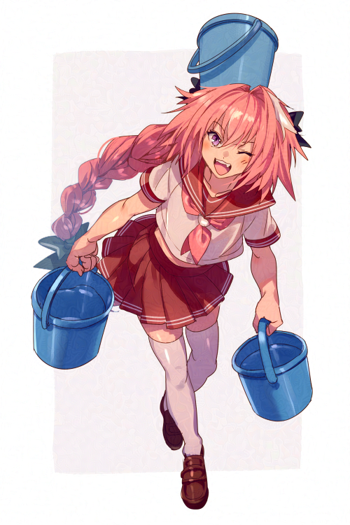 1boy 1girl astolfo_(fate) astolfo_(sailor_paladin)_(fate) black_ribbon blush braid braided_ponytail brown_footwear bucket bucket_on_head commentary_request echo_(circa) fang fate/grand_order fate_(series) hair_ribbon holding holding_bucket long_hair multicolored_hair neckerchief object_on_head official_alternate_costume one_eye_closed otoko_no_ko pink_hair pink_neckerchief pleated_skirt red_sailor_collar red_skirt ribbon sailor_collar school_uniform serafuku shirt shoes short_sleeves simple_background skirt smile solo standing standing_on_one_leg streaked_hair thigh-highs very_long_hair violet_eyes white_background white_hair white_shirt white_thighhighs