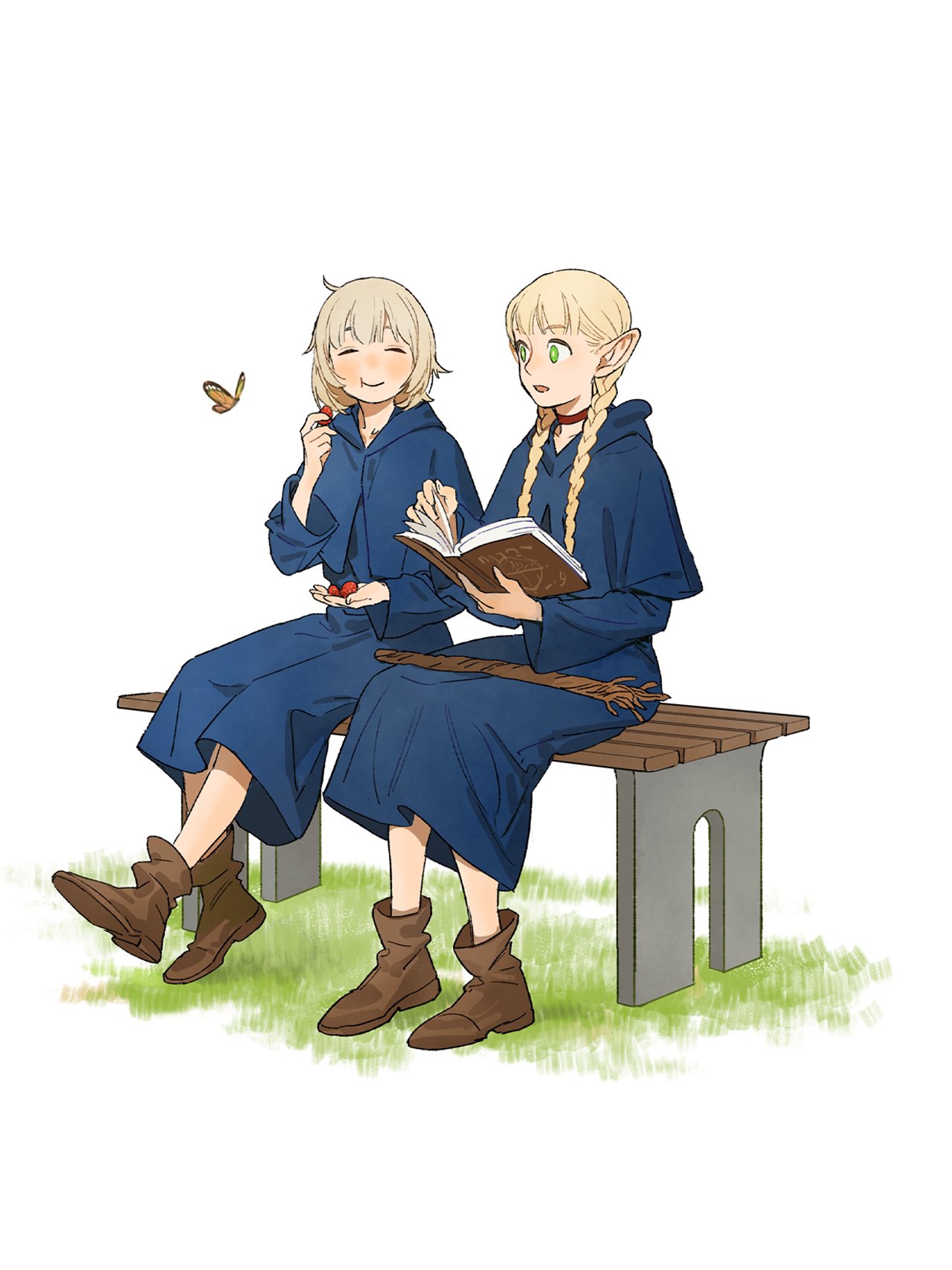 2girls blonde_hair blue_capelet blue_robe blush book boots braid brown_footwear bug butterfly capelet choker closed_eyes closed_mouth commentary dungeon_meshi elf falin_thorden food fruit full_body grass green_eyes grey_hair hashtag_only_commentary highres holding holding_book holding_food long_sleeves marcille_donato medium_hair multiple_girls on_bench orange_butterfly outdoors pointy_ears reading red_choker robe simple_background sitting staff strawberry tanjiu twin_braids white_background