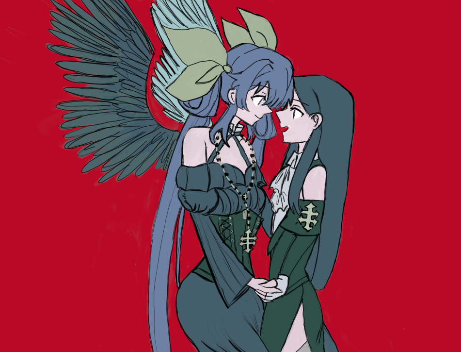 androgynous blue_hair couple couple_in_love dizzy_(guilty_gear) gothic guilty_gear guilty_gear_strive long_hair red_background tesdizzy testament_(guilty_gear) wings yuri
