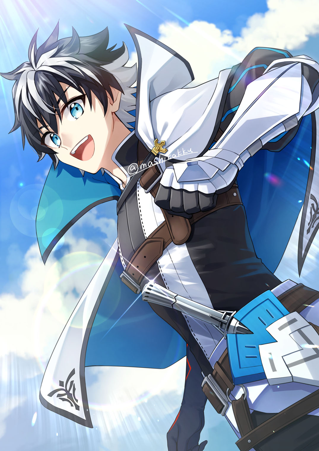 1boy :d belt black_hair blue_cape blue_eyes brown_belt cape charlemagne_(fate) chest_belt clouds fate/extella fate/extella_link fate/extra fate/grand_order fate_(series) glint highres looking_at_viewer male_focus multicolored_hair open_mouth outdoors sky smile solo spiky_hair ssk_(yoiosushi) sword teeth two-sided_cape two-sided_fabric two-tone_hair upper_body upper_teeth_only weapon white_cape white_hair