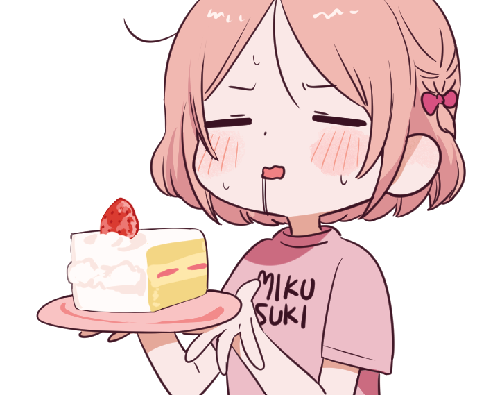1girl blush blush_stickers bow braid cake cake_slice character_request closed_eyes clothes_writing copyright_request drooling food fruit hair_bow holding holding_plate omutatsu open_mouth pink_shirt plate red_bow shirt short_hair short_sleeves simple_background solo strawberry strawberry_shortcake sweat t-shirt upper_body white_background