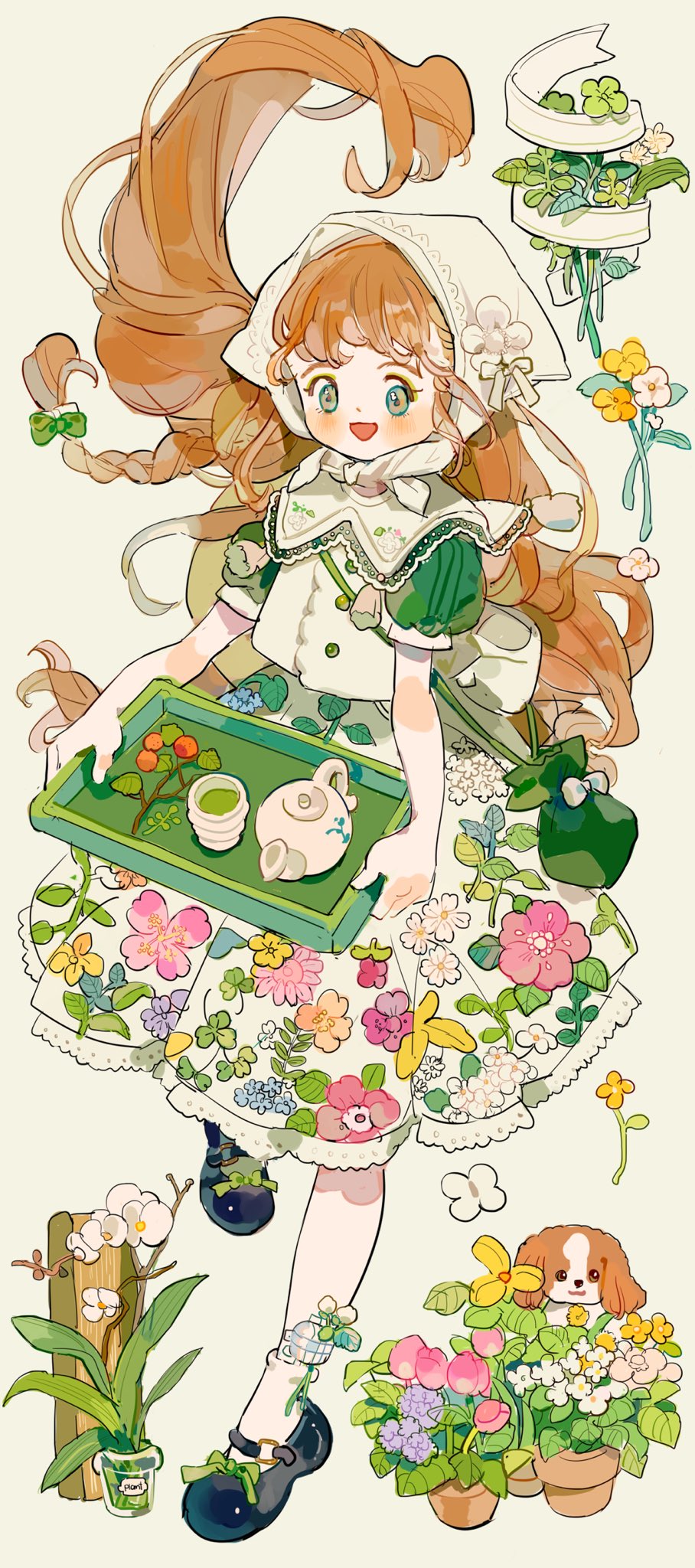 1girl :d ankle_socks apron black_footwear blue_eyes blue_flower blush blush_stickers bonnet bow braid brown_hair buttons cup dog dress floating_hair floral_print flower flower_pot footwear_bow frills full_body green_bow green_dress green_eyes green_flower green_ribbon green_shirt green_theme hair_bow head_scarf highres holding holding_tray lace_trim leaf leaf_print long_hair looking_at_viewer mary_janes open_mouth original pink_flower plant potted_plant puffy_short_sleeves puffy_sleeves purple_flower putong_xiao_gou ribbon shirt shoes short_sleeves simple_background skirt smile socks solo teacup teapot tray vase very_long_hair vest watering_can white_apron white_background white_bow white_flower white_headwear white_ribbon white_skirt white_socks yellow_flower