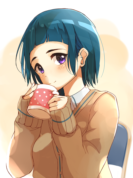 1girl blue_hair blunt_bangs blush breasts brown_cardigan cardigan closed_mouth cup dot_nose hands_up holding holding_cup idolmaster idolmaster_cinderella_girls idolmaster_cinderella_girls_starlight_stage long_sleeves looking_at_viewer mug nira_(vira) okazaki_yasuha on_chair shirt short_hair simple_background sitting sleeves_past_wrists small_breasts smile solo upper_body violet_eyes white_shirt yellow_background