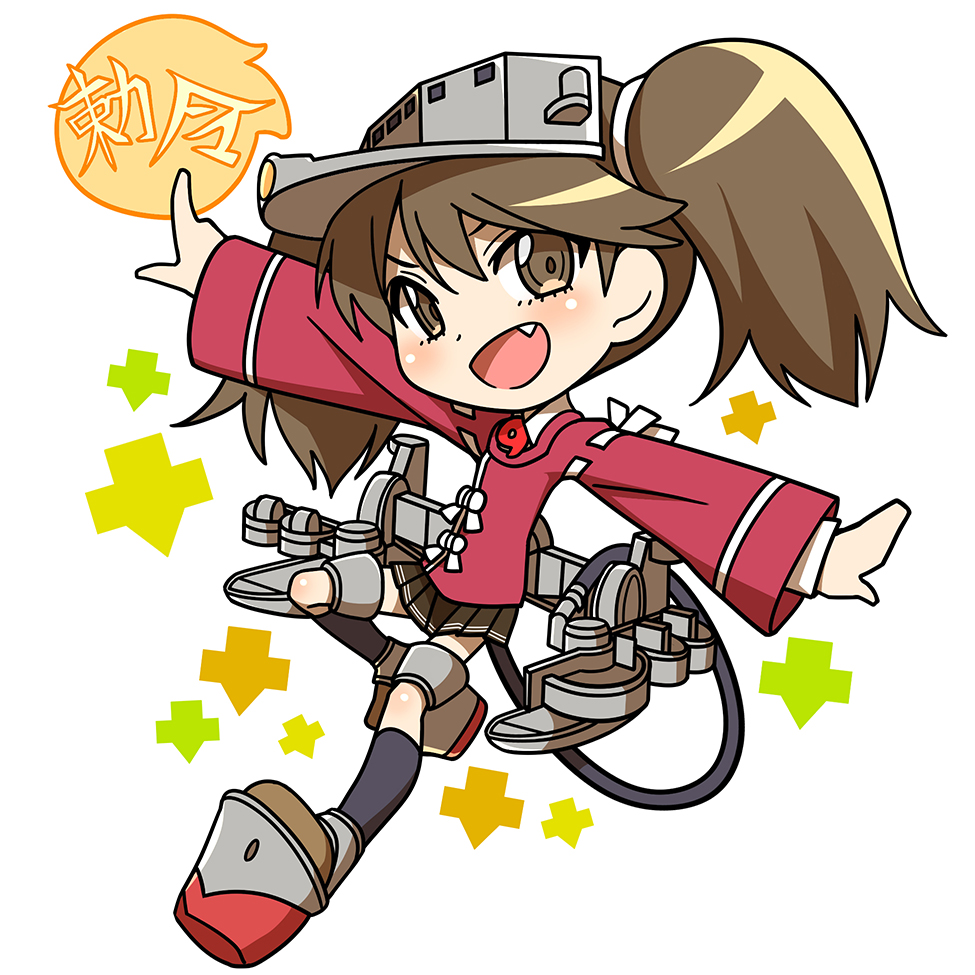 1girl black_skirt blush brown_eyes brown_hair chibi fang full_body grey_headwear hat japanese_clothes kantai_collection kariginu kneehighs long_hair long_sleeves magatama onmyouji open_mouth outstretched_arms pleated_skirt rigging rudder_footwear ryuujou_(kancolle) shikigami simple_background skirt socks solo twintails uousa-ou visor_cap white_background