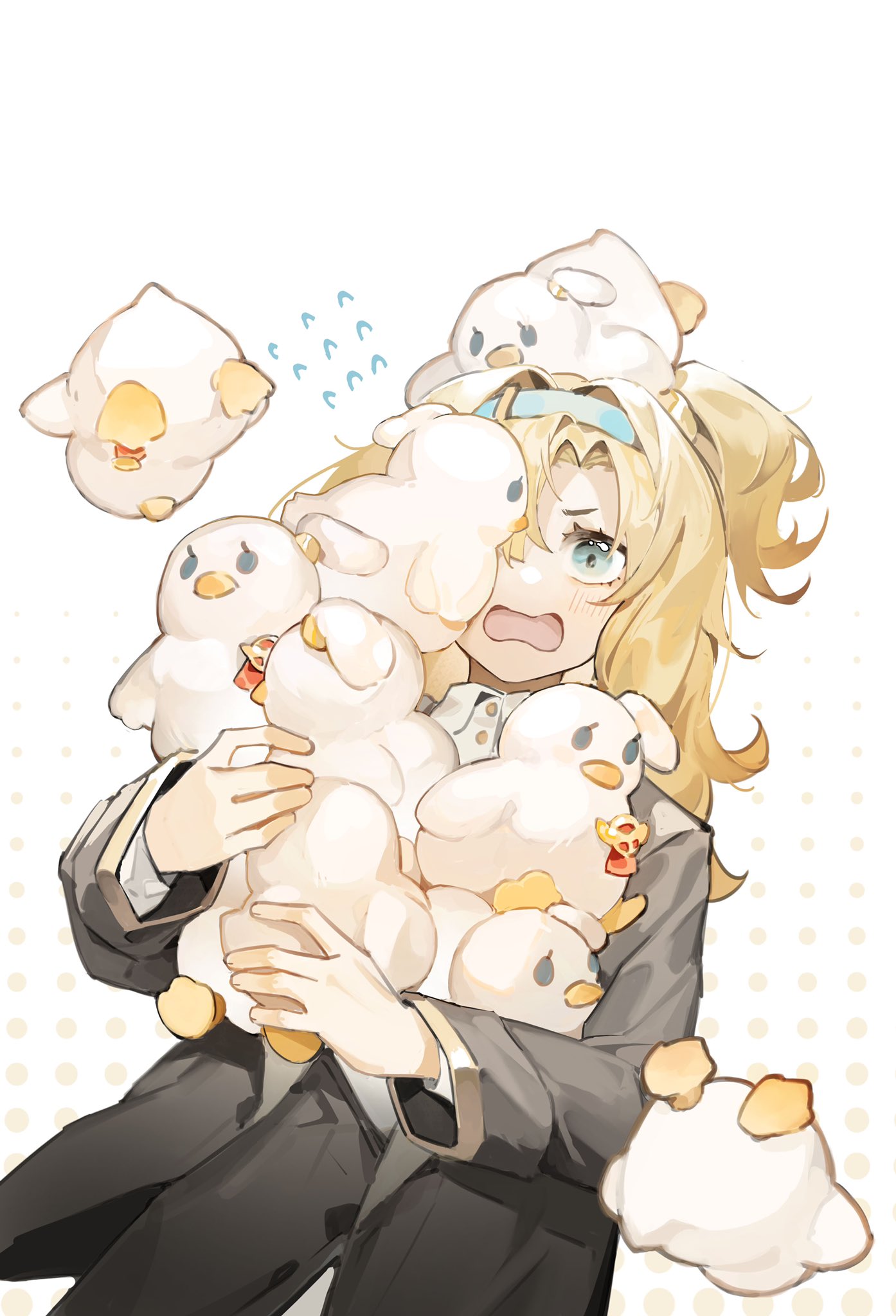 1girl akechi_(826988799) black_jacket blonde_hair blue_eyes blue_hairband chinese_commentary commentary_request hairband highres holding holding_stuffed_toy jacket looking_at_viewer matilda_bouanich medium_hair object_on_head one_eye_covered one_side_up open_mouth reverse:1999 shirt solo stuffed_animal stuffed_duck stuffed_toy too_many upper_body v-shaped_eyebrows white_background white_shirt