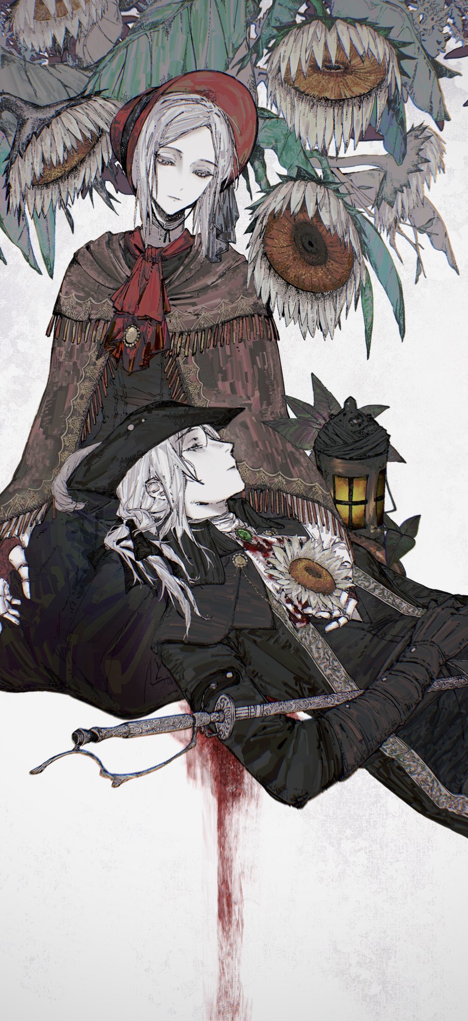 2girls ascot blood blood_on_clothes bloodborne bonnet brown_cloak cloak doll dress flower gem gloves hat hat_feather hat_flower highres holding holding_weapon lady_maria_of_the_astral_clocktower long_hair multiple_girls plain_doll ponytail red_ascot se43ttszm short_hair sword tricorne weapon white_hair