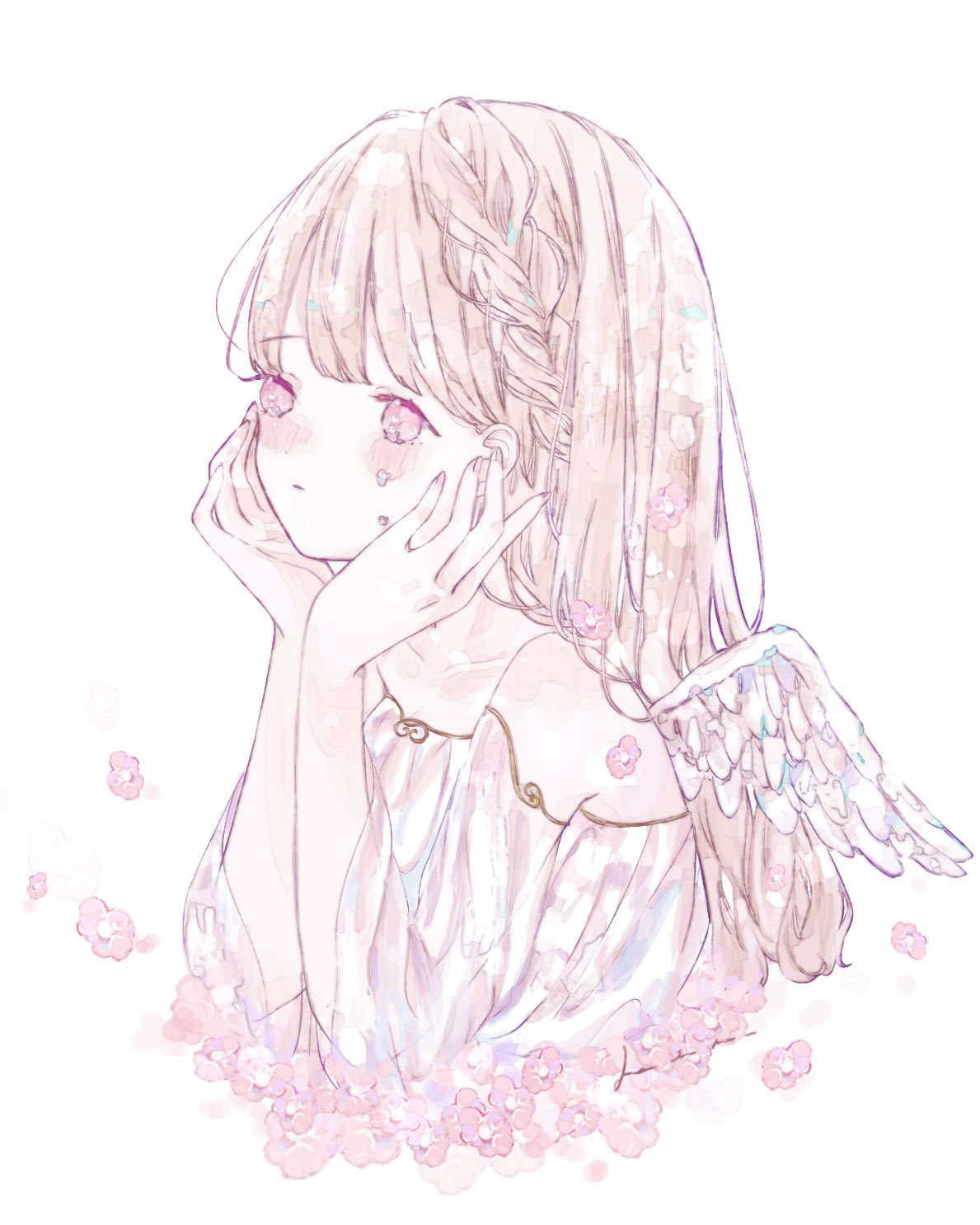 1girl angel_wings bare_shoulders blonde_hair blush braid closed_mouth collarbone crying crying_with_eyes_open dress feathered_wings flower hands_on_own_face highres kotono_n0 long_hair original pink_eyes pink_flower simple_background solo tears upper_body white_background white_dress white_wings wings