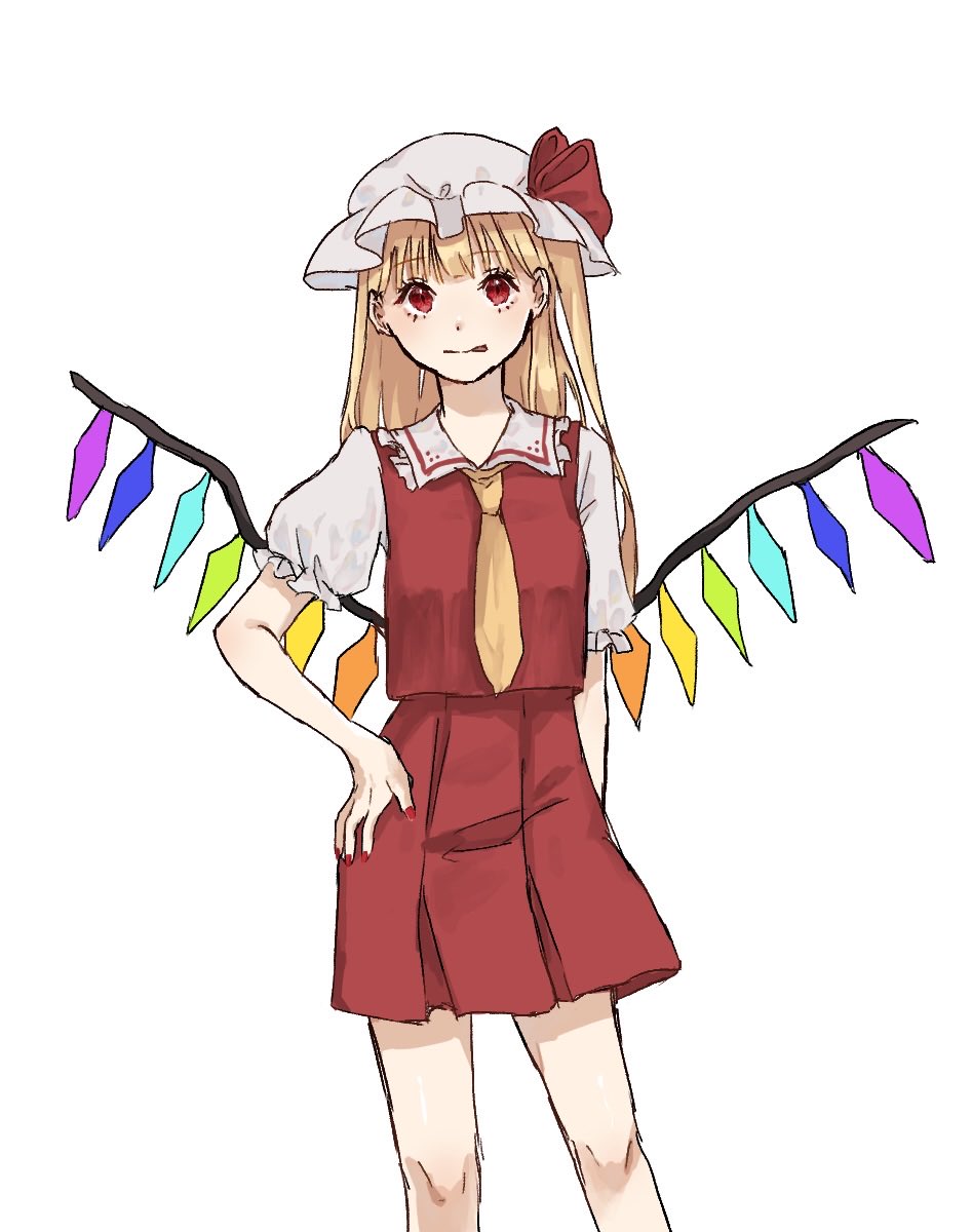 1girl :p alternate_hair_length alternate_hairstyle arm_at_side blunt_bangs contrapposto crystal eyelashes feet_out_of_frame flandre_scarlet frilled_shirt_collar frills hand_on_own_hip hat highres karura_2344 long_hair looking_at_viewer mob_cap nail_polish necktie pleated_skirt puffy_short_sleeves puffy_sleeves red_eyes red_nails red_skirt red_vest short_sleeves simple_background skirt skirt_set solo standing tongue tongue_out touhou very_long_hair vest white_background white_headwear wings yellow_necktie