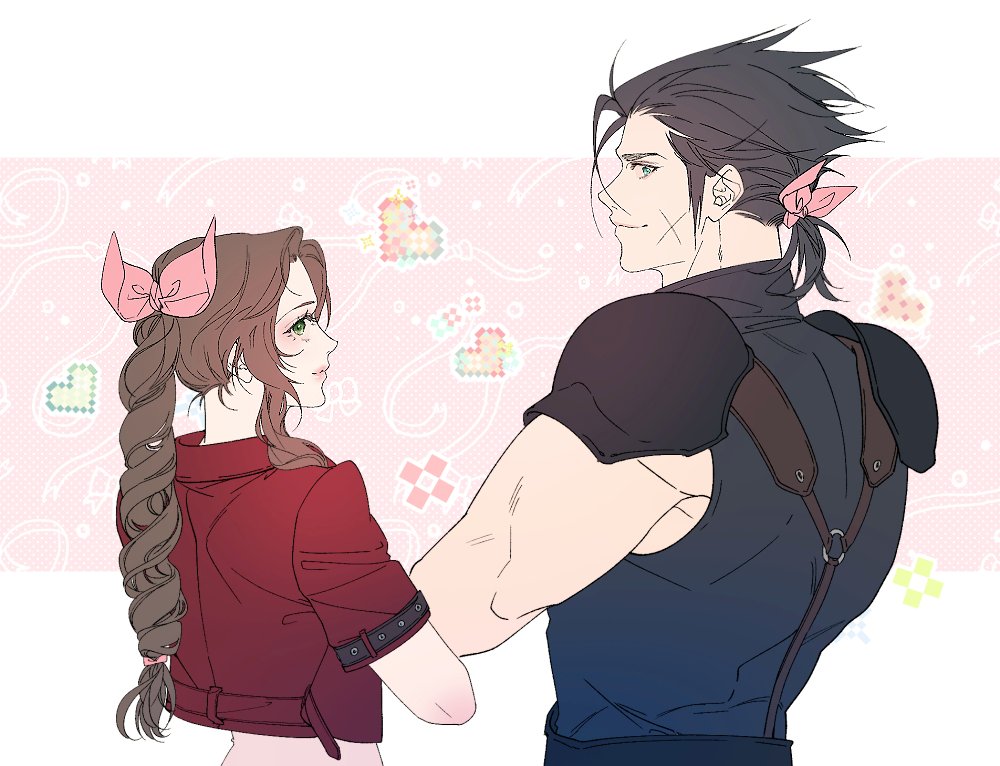 1boy 1girl aerith_gainsborough alternate_hairstyle armor belt black_hair black_shirt blush brown_hair commentary_request cropped_jacket cross_scar crossed_arms curly_hair final_fantasy final_fantasy_vii flat_color flower green_eyes hair_ribbon hair_slicked_back hair_tie heart jacket korean_commentary light_smile long_hair looking_back medium_hair muscular muscular_male parted_bangs pauldrons pink_background pink_lips pink_ribbon pixel_heart pixelated polka_dot polka_dot_background ponytail red_jacket ribbon s_sohwagi_s scar scar_on_cheek scar_on_face shirt short_sleeves shoulder_armor sidelocks sleeveless sleeveless_shirt sleeveless_turtleneck standing suspenders turtleneck upper_body zack_fair