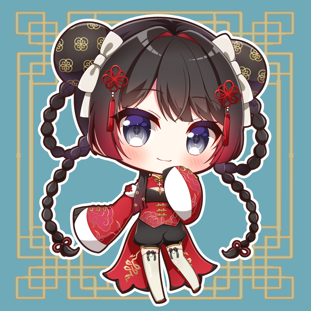 1girl big_head black_hair black_shorts blue_background blush bow braid bun_cover chibi chinese_clothes closed_mouth commentary_request double_bun dress full_body gradient_hair grey_bow grey_eyes hair_bow hair_bun hair_rings long_hair long_sleeves looking_at_viewer multicolored_hair nijisanji puffy_short_sleeves puffy_sleeves red_dress red_footwear redhead short_sleeves shorts sleeves_past_fingers sleeves_past_wrists smile solo thigh-highs tsukino_mito very_long_hair virtual_youtuber white_thighhighs wide_sleeves yukiyuki_441