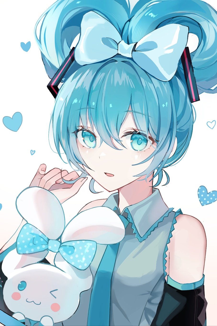 1girl bad_id bad_pixiv_id black_sleeves blue_bow blue_eyes blue_hair blue_necktie bow cinnamiku cinnamoroll collared_shirt commentary commentary_request detached_sleeves ear_bow grey_shirt hair_between_eyes hair_bow hatsune_miku heart heart_background highres iren_lovel long_sleeves looking_at_viewer necktie parted_lips polka_dot sanrio shirt sleeveless sleeveless_shirt smile tied_ears upper_body vocaloid white_background wide_sleeves