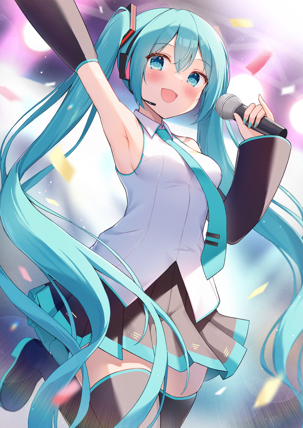 1girl arm_up armpits bare_shoulders black_skirt blue_eyes blue_hair blue_nails blue_necktie blush boots breasts collared_shirt detached_sleeves from_below hair_between_eyes hand_up hannari369 happy hatsune_miku headset highres holding holding_microphone leg_up long_hair looking_at_viewer looking_down microphone miniskirt music nail_polish necktie outstretched_arm pleated_skirt shirt singing skirt small_breasts solo stage stage_lights standing standing_on_one_leg thigh_boots thighs twintails very_long_hair vocaloid white_shirt wide_sleeves