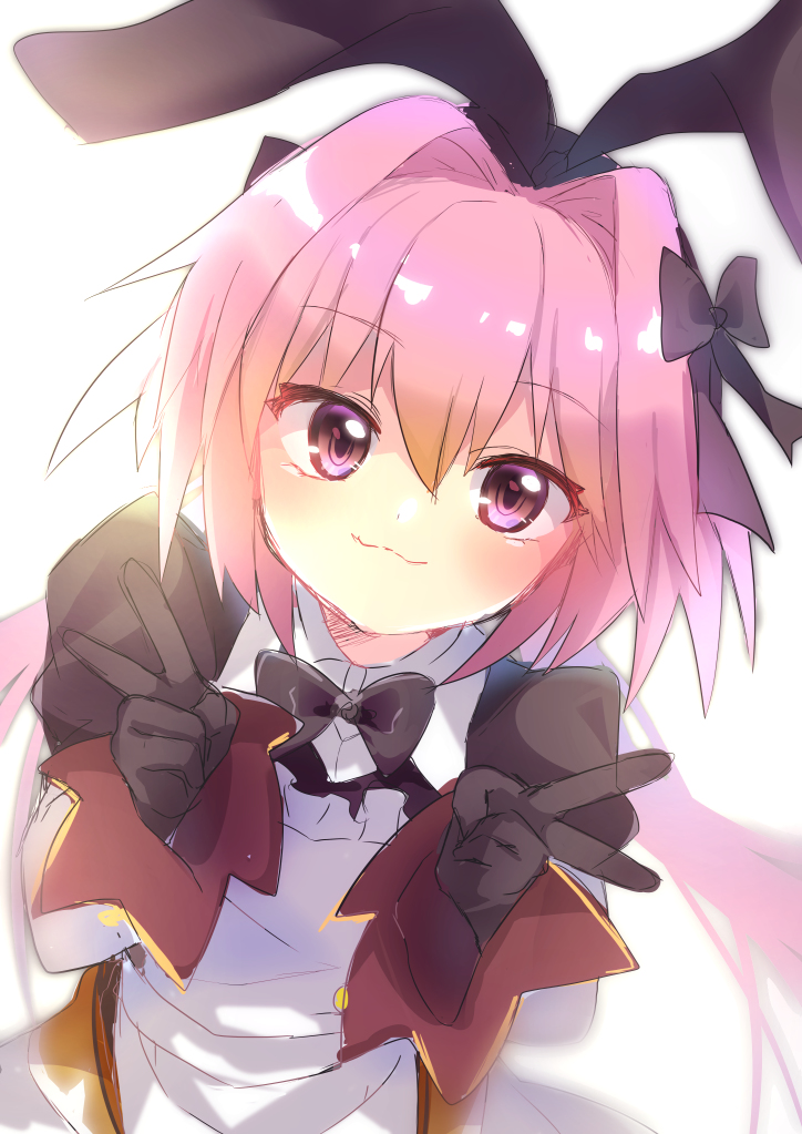 1boy :3 animal_ears archived_source astolfo_(fate) astolfo_(saber)_(fate) astolfo_(saber)_(third_ascension)_(fate) black_bow black_bowtie black_gloves blush bow bowtie collared_dress double_v dress fake_animal_ears fate/grand_order fate_(series) gloves hair_bow hair_intakes long_hair maikaihyan male_focus otoko_no_ko pink_hair rabbit_ears simple_background smile solo twintails v violet_eyes white_background