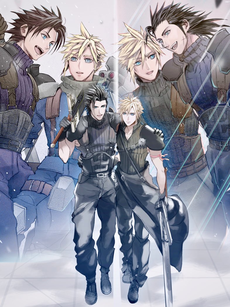 2b_fff 2boys apron arm_ribbon armor baggy_pants belt black_apron black_hair blonde_hair blue_jacket buster_sword cloud_strife crisis_core_final_fantasy_vii final_fantasy final_fantasy_vii final_fantasy_vii_advent_children final_fantasy_vii_remake full_body fusion_swords hand_on_another's_shoulder hand_on_another's_waist helmet huge_weapon jacket looking_at_another multiple_belts multiple_boys multiple_views open_mouth over_shoulder pants popped_collar red_ribbon ribbed_sweater ribbon scar scar_on_cheek scar_on_face shinra_infantry shinra_infantry_uniform short_hair shoulder_armor sleeveless sleeveless_turtleneck spiky_hair standing suspenders sweater turtleneck turtleneck_sweater unworn_headwear unworn_helmet waist_apron weapon zack_fair
