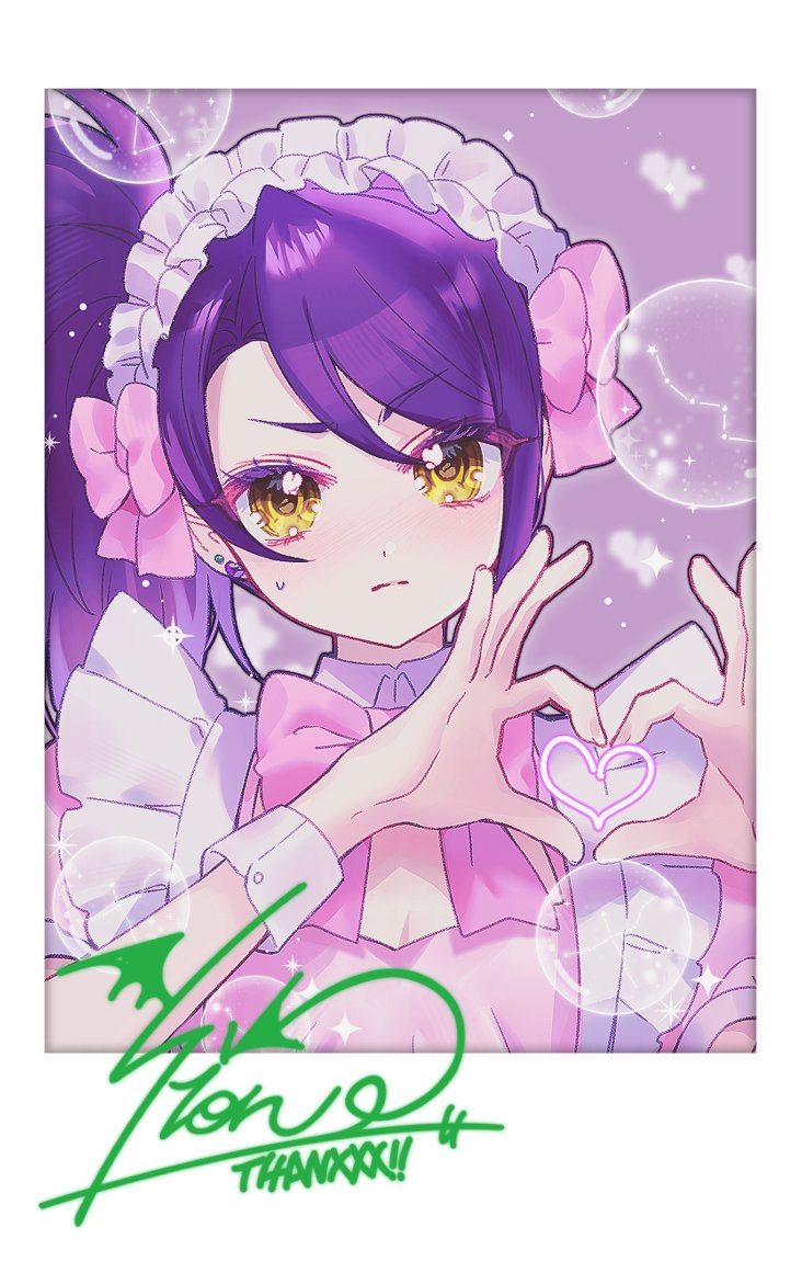 1girl blush border bow character_signature closed_mouth constellation constellation_request cygnus_(constellation) furrowed_brow hair_bow hands_up heart heart_hands jjuu0105 long_hair looking_at_viewer maid_headdress orion_(constellation) pink_bow polaroid pretty_series pripara purple_hair side_ponytail solo sparkle sweatdrop toudou_shion upper_body white_border yellow_eyes