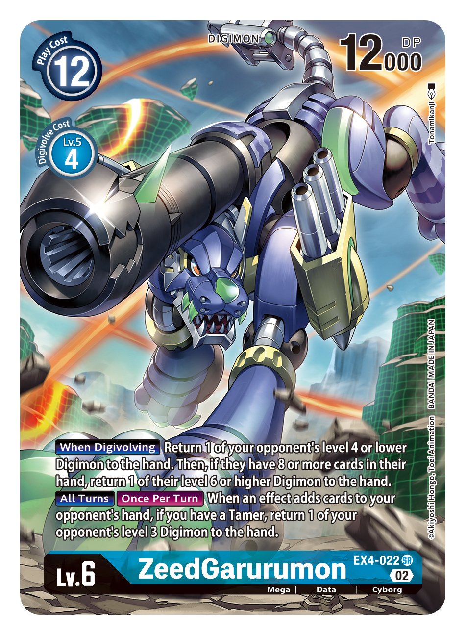 all_fours armor artist_name blue_armor cannon card_(medium) character_name copyright_name cyborg debris digimon digimon_(creature) digimon_card_game english_commentary english_text highres mecha mechanical_tail missile_pod official_art red_eyes robot rocket_launcher sharp_teeth solo tail teeth tonami_kanji weapon wolf z'dgarurumon