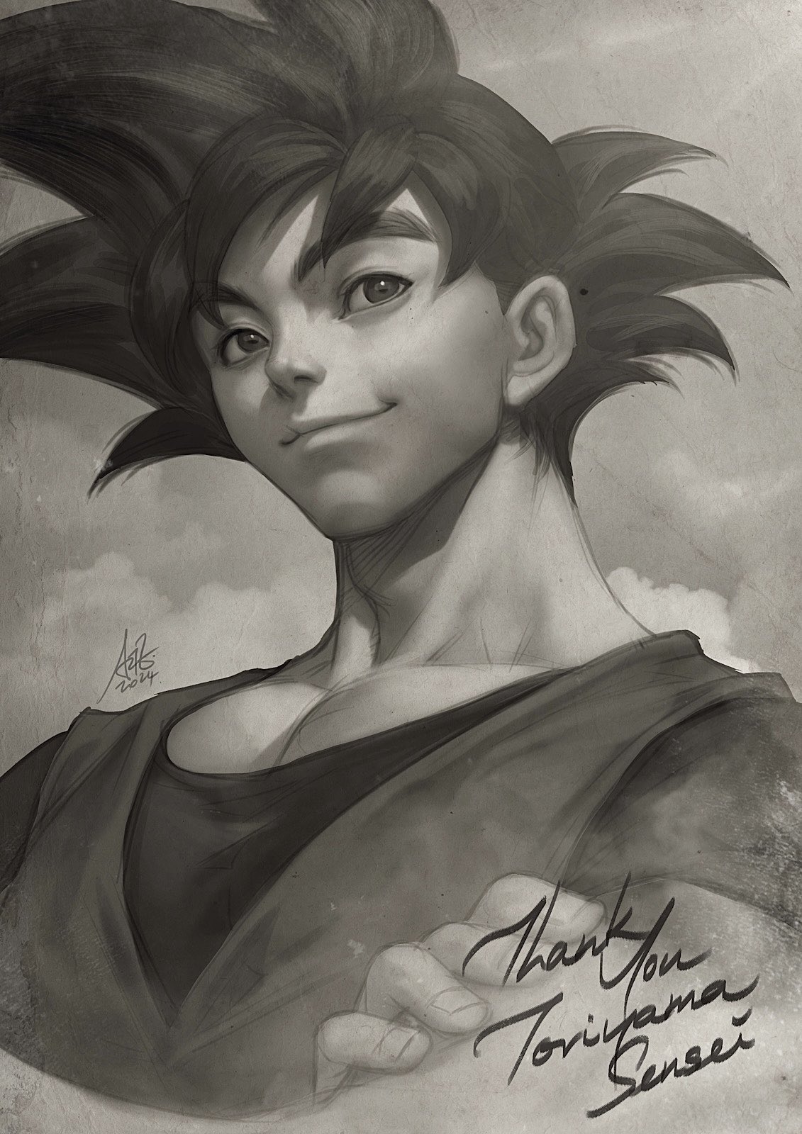 1boy clouds cloudy_sky dragon_ball english_commentary english_text greyscale highres male_focus monochrome muscular muscular_male short_sleeves signature sky smile solo son_goku spiky_hair stanley_lau thank_you toriyama_akira_(character) upper_body