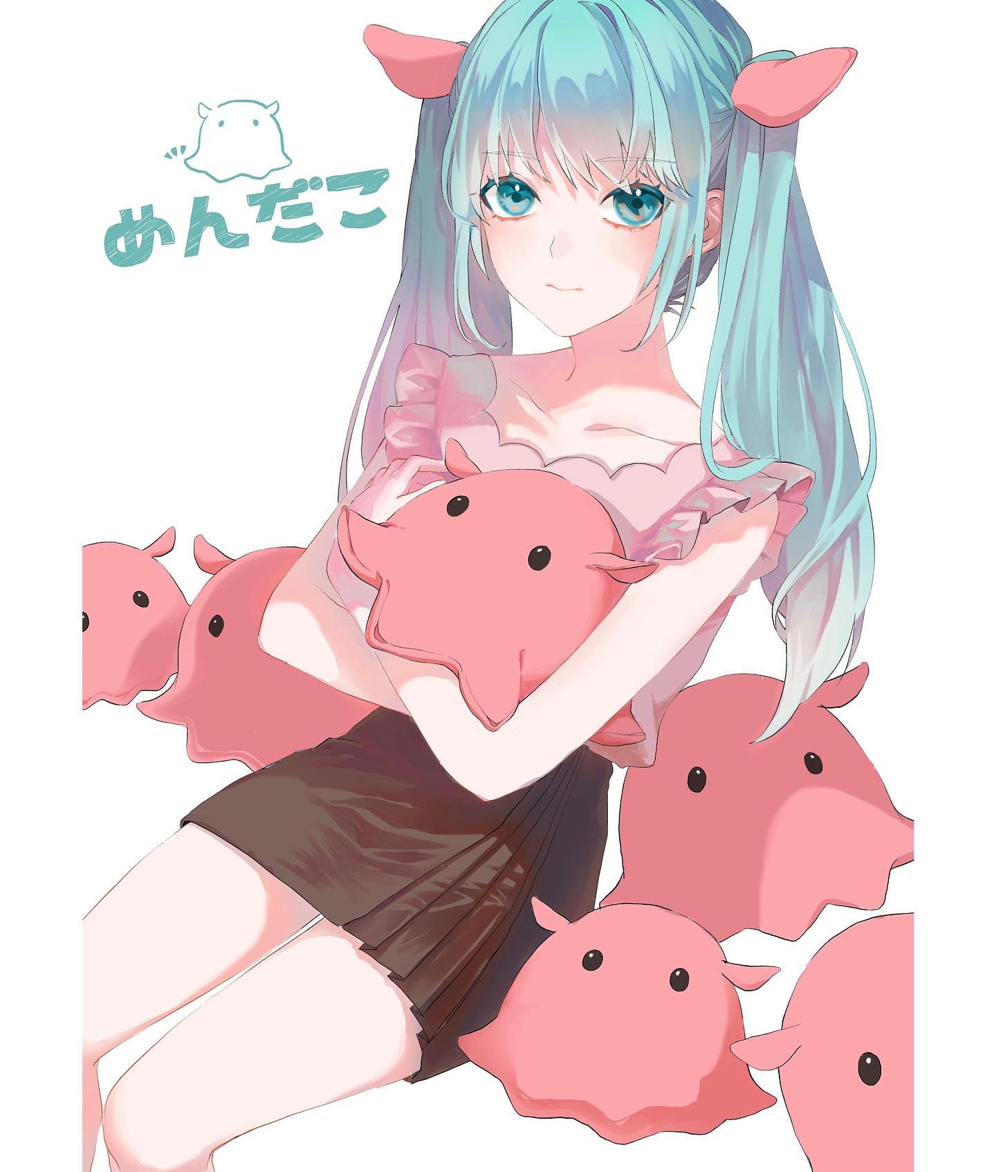 1girl animal_ears aqua_eyes aqua_hair bare_arms bare_legs black_shirt closed_mouth collarbone fake_animal_ears feet_out_of_frame frilled_shirt frills hatsune_miku highres holding holding_stuffed_toy hugging_object invisible_chair letterboxed long_hair looking_at_viewer pink_shirt pleated_skirt shirt shirt_tucked_in sidelocks simple_background sitting skirt smile solo srnmomo stuffed_toy thighs twintails vocaloid white_background