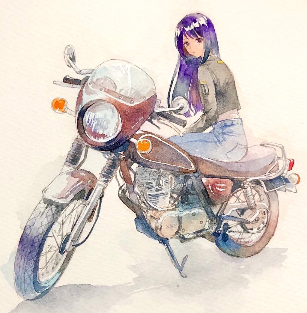 1girl black_jacket blue_pants bright_pupils closed_mouth denim jacket jeans leather leather_jacket long_hair long_sleeves looking_at_viewer looking_back motor_vehicle motorcycle original painting_(medium) pants purple_hair shadow simple_background sitting solo srnmomo traditional_media violet_eyes watercolor_(medium) white_pupils yellow_background
