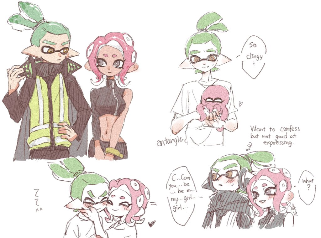 1boy 1girl ^_^ arrow_(symbol) breasts bright_pupils closed_eyes english_text green_hair grey_eyes groin hand_on_another's_face headgear heart hetero high-visibility_vest inkling inkling_boy inkling_player_character long_sleeves looking_at_another medium_breasts navel octoling octoling_girl octoling_player_character octopus pink_hair ponytail simple_background single_bare_shoulder single_sleeve speech_bubble splatoon_(series) splatoon_2 splatoon_2:_octo_expansion suction_cups tentacle_hair thenintlichen96 unworn_headgear v-shaped_eyebrows white_background white_pupils yellow_eyes