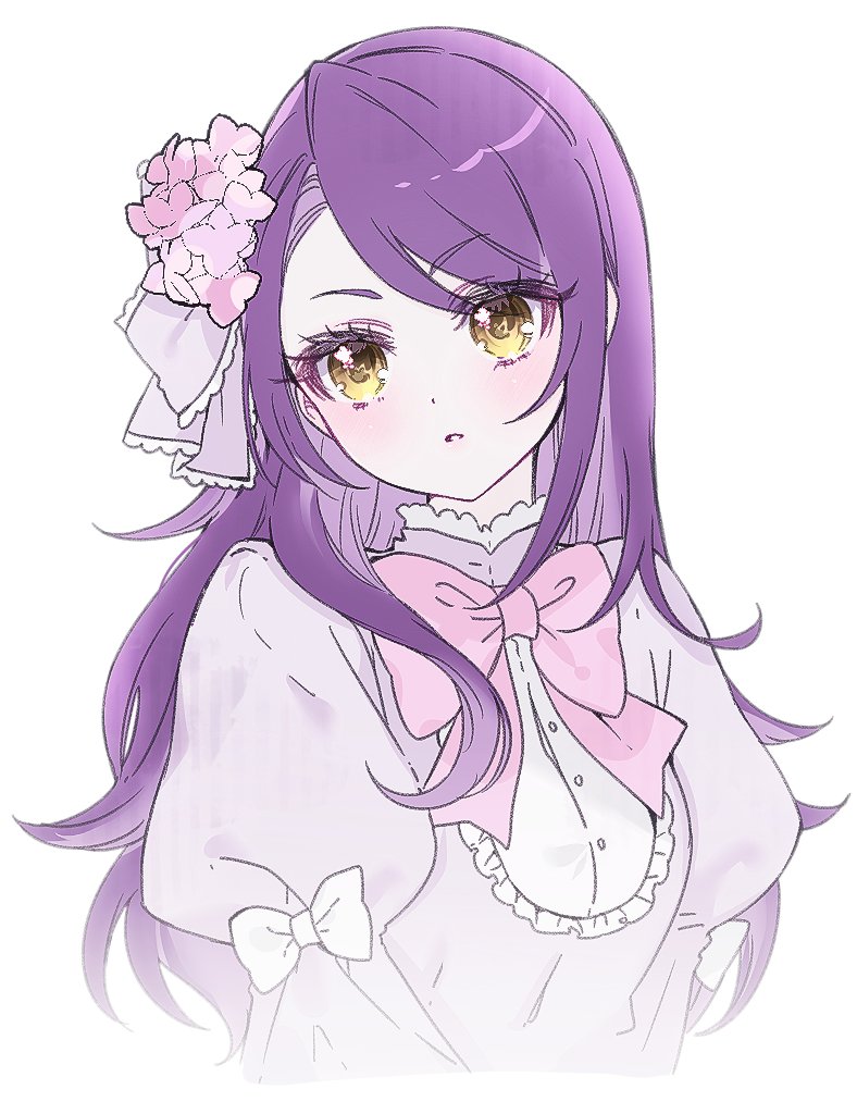 1girl cropped_torso flower hair_down hair_flower hair_ornament jjuu0105 long_hair long_sleeves looking_at_viewer neck_ribbon parted_lips pink_flower pink_ribbon pretty_series pripara puffy_sleeves purple_hair ribbon simple_background solo toudou_shion upper_body white_background yellow_eyes