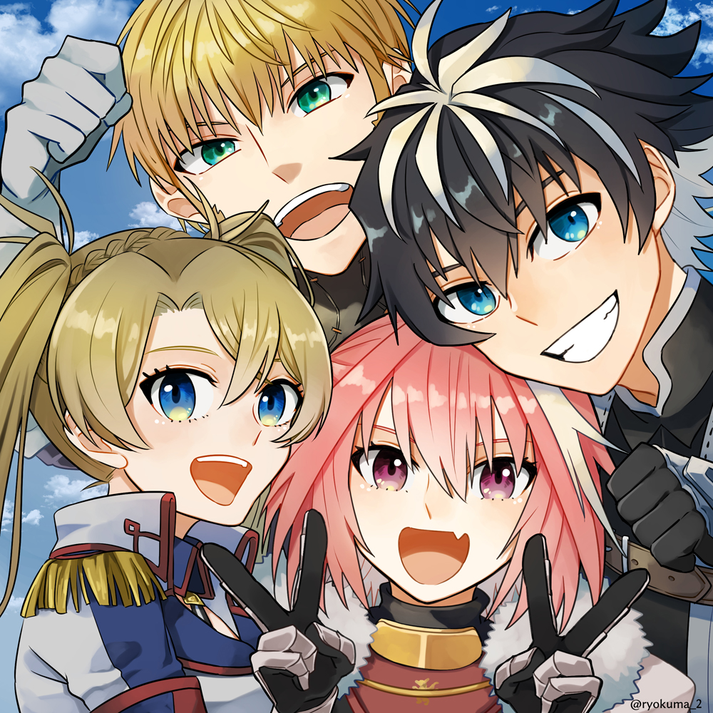 1girl 3boys astolfo_(fate) black_gloves black_hair blonde_hair blue_eyes bradamante_(fate) charlemagne_(fate) clenched_hand double_v epaulettes fate/grand_order fate_(series) gloves green_eyes multicolored_hair multiple_boys pink_hair roland_(fate) ryokuma_2 smile twintails twitter_username two-tone_hair v violet_eyes white_gloves white_hair