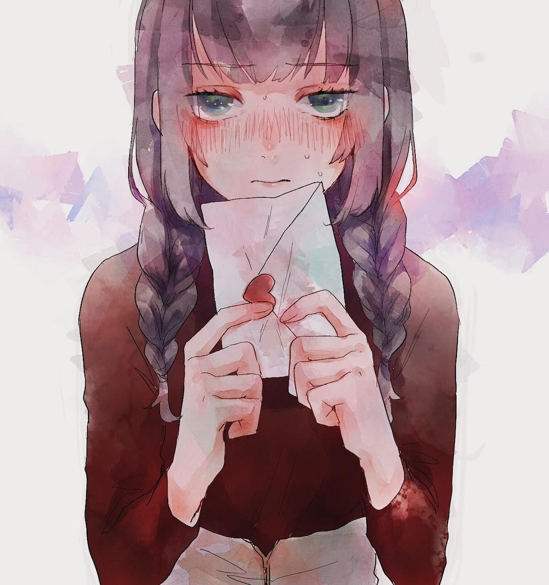 1girl blue_eyes blush braid brown_hair closed_mouth envelope holding holding_envelope letter long_hair long_sleeves looking_at_viewer love_letter original painting_(medium) shirt simple_background solo srnmomo sweat traditional_media twin_braids upper_body watercolor_(medium)