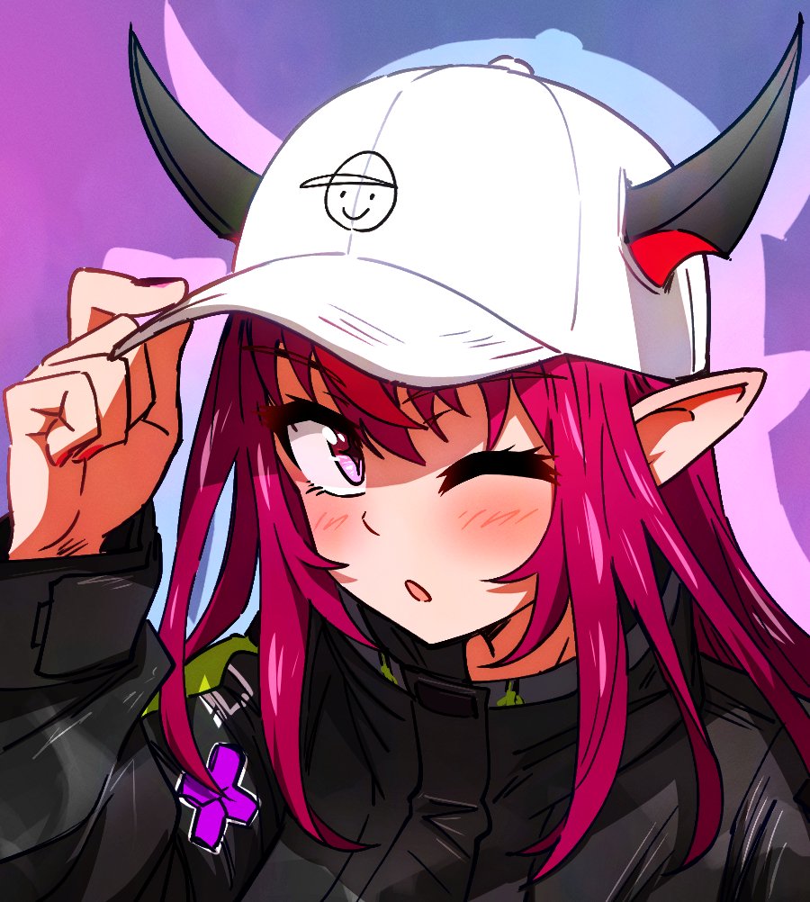 baseball_cap black_jacket blush ddolbang guyrys hat hololive hololive_english horns irys_(hololive) irys_(irys_2.0)_(hololive) jacket long_hair looking_at_viewer multiple_horns one_eye_closed pink_eyes pink_nails pointy_ears redhead simple_background virtual_youtuber