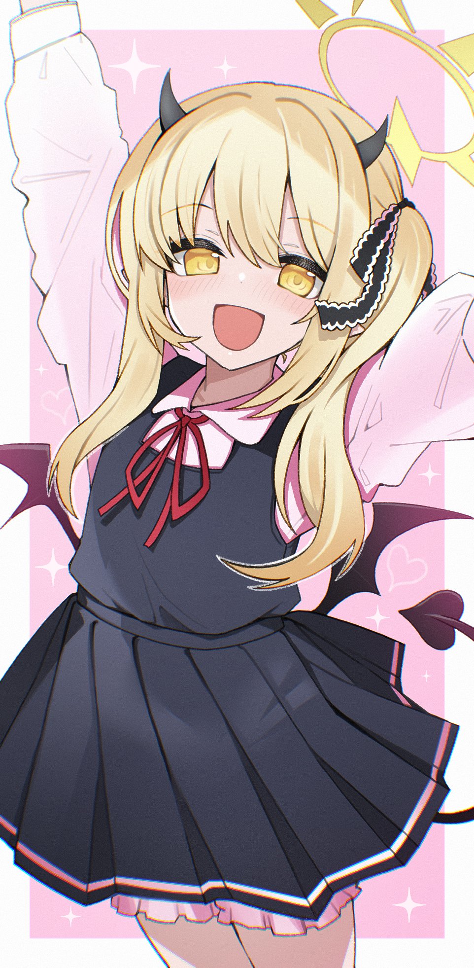 1girl arms_up black_horns black_wings blonde_hair blue_archive blush border commentary_request demon_girl demon_horns demon_tail demon_wings hair_ornament halo highres horns ibuki_(blue_archive) izuoku looking_at_viewer low_wings open_mouth pink_background shirt side_ponytail simple_background smile solo tail white_border white_shirt wings yellow_eyes yellow_halo