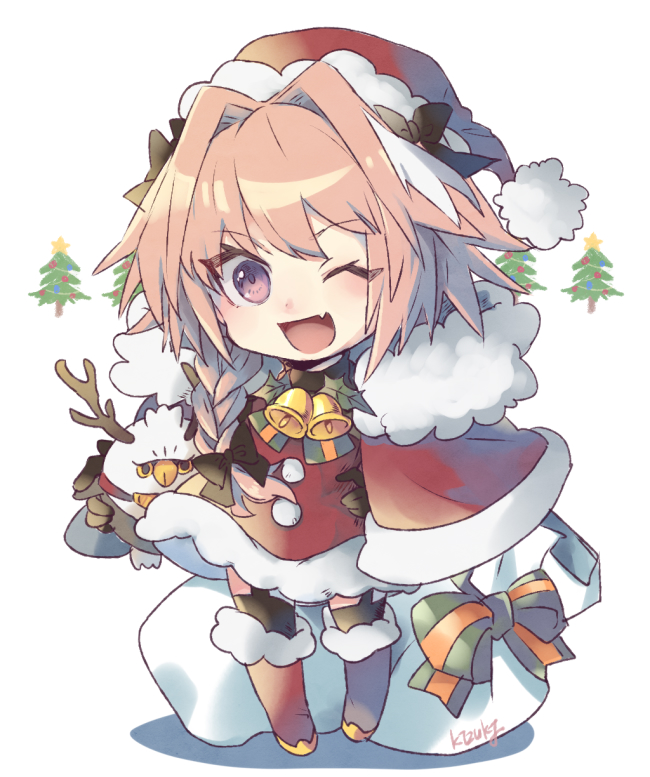 1boy antlers artist_name astolfo_(fate) bell black_bow black_gloves black_thighhighs boots bow braid christmas christmas_tree coat deformed fang fate/grand_order fate_(series) fur-trimmed_boots fur-trimmed_coat fur-trimmed_headwear fur_trim garter_straps gloves hair_bow hair_intakes hand_on_own_hip hat hippogriff holding holding_sack holding_stuffed_toy horns kidhukaji long_braid long_hair male_focus multicolored_hair neck_bell one_eye_closed open_mouth otoko_no_ko pink_hair pom_pom_(clothes) reindeer_antlers sack santa_costume santa_hat simple_background single_braid skin_fang smile solo streaked_hair stuffed_toy thigh-highs two-tone_bow two-tone_hair violet_eyes white_background white_bag white_hair