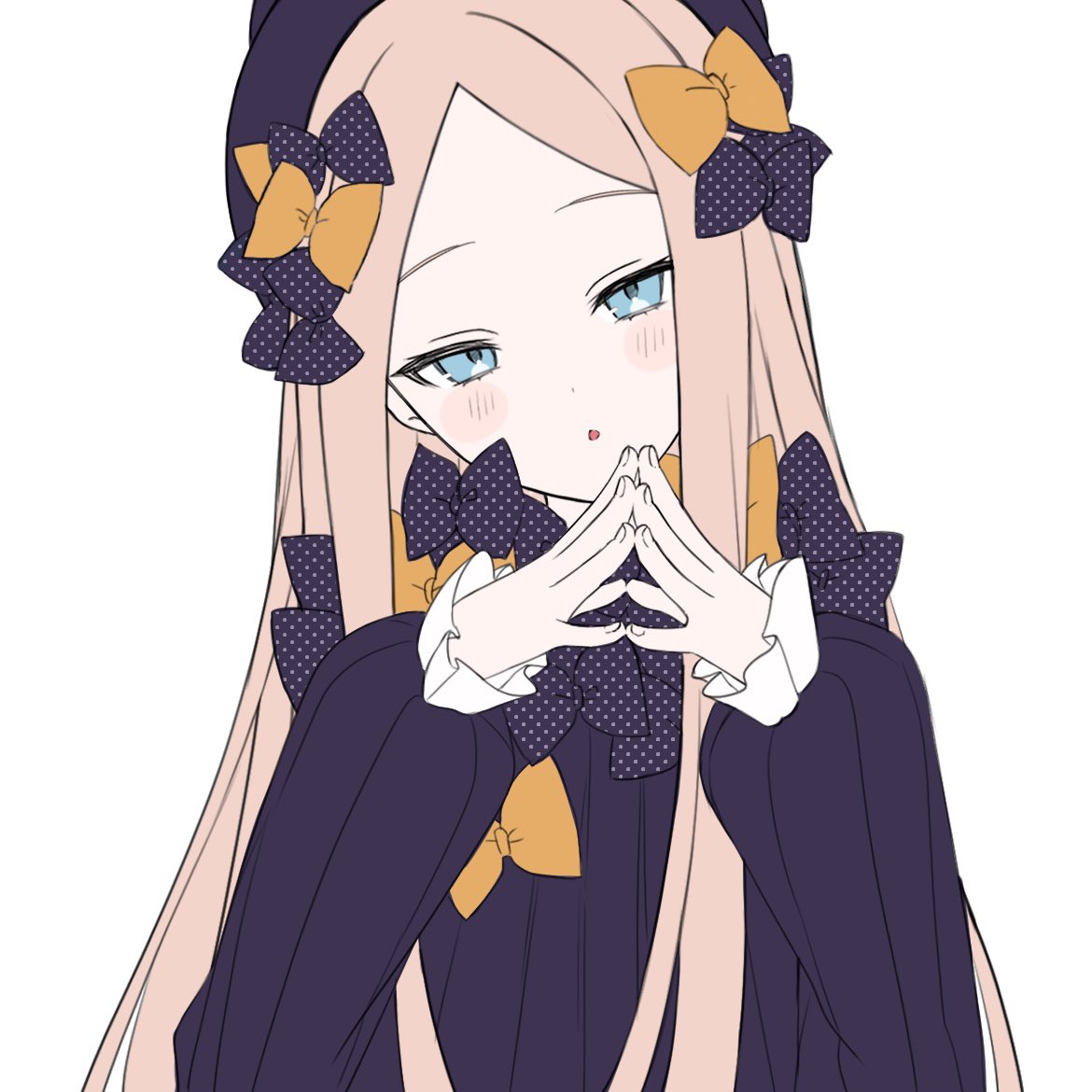 1girl :o abigail_williams_(fate) black_bow black_dress black_headwear blue_eyes blush_stickers bow commentary dress expressionless fate/grand_order fate_(series) fingernails hair_bow hat head_tilt light_brown_hair long_hair long_sleeves looking_at_viewer multiple_hair_bows orange_bow parted_bangs parted_lips polka_dot polka_dot_bow simple_background solo steepled_fingers sumi_(gfgf_045) upper_body white_background