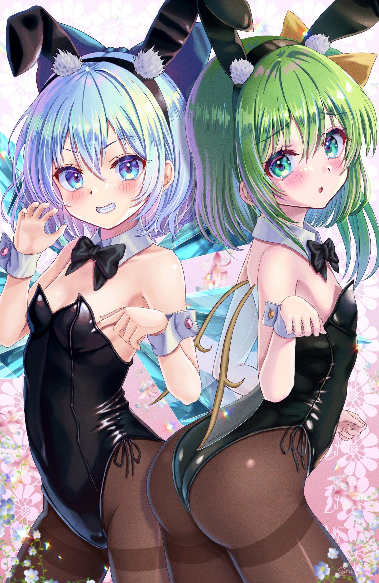 2girls animal_ears arms_up ass black_leotard blue_bow blue_eyes blue_hair blush bow bowtie breasts brown_pantyhose cirno cowboy_shot daiyousei detached_collar dot_nose fairy fairy_wings fake_animal_ears floral_background green_eyes green_hair hair_between_eyes highres ice ice_wings leotard looking_at_viewer multiple_girls open_mouth pantyhose playboy_bunny rabbit_ears rouge_(my_rouge) short_hair side_ponytail smile strapless strapless_leotard touhou wings wrist_cuffs yellow_bow