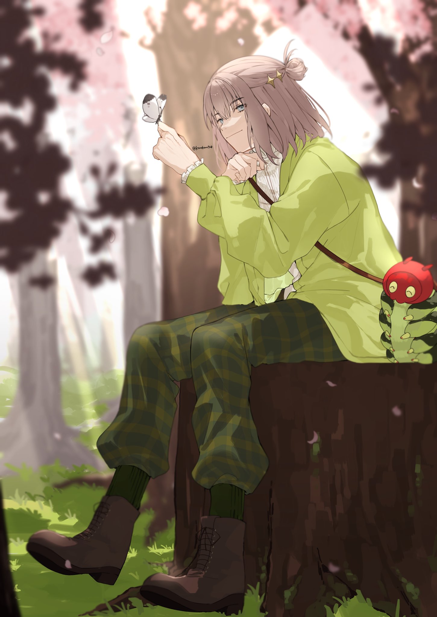 1boy blue_eyes boots brown_footwear bug butterfly caterpillar cherry_blossoms diamond_hair_ornament falling_petals fate/grand_order fate_(series) green_jacket green_pants grey_hair hand_on_own_chin head_rest highres insect_on_finger jacket long_sleeves oberon_(fate) official_alternate_costume official_alternate_hairstyle pants petals plaid plaid_pants romo827 shirt sitting smile solo stuffed_animal stuffed_toy tree twitter_username white_shirt