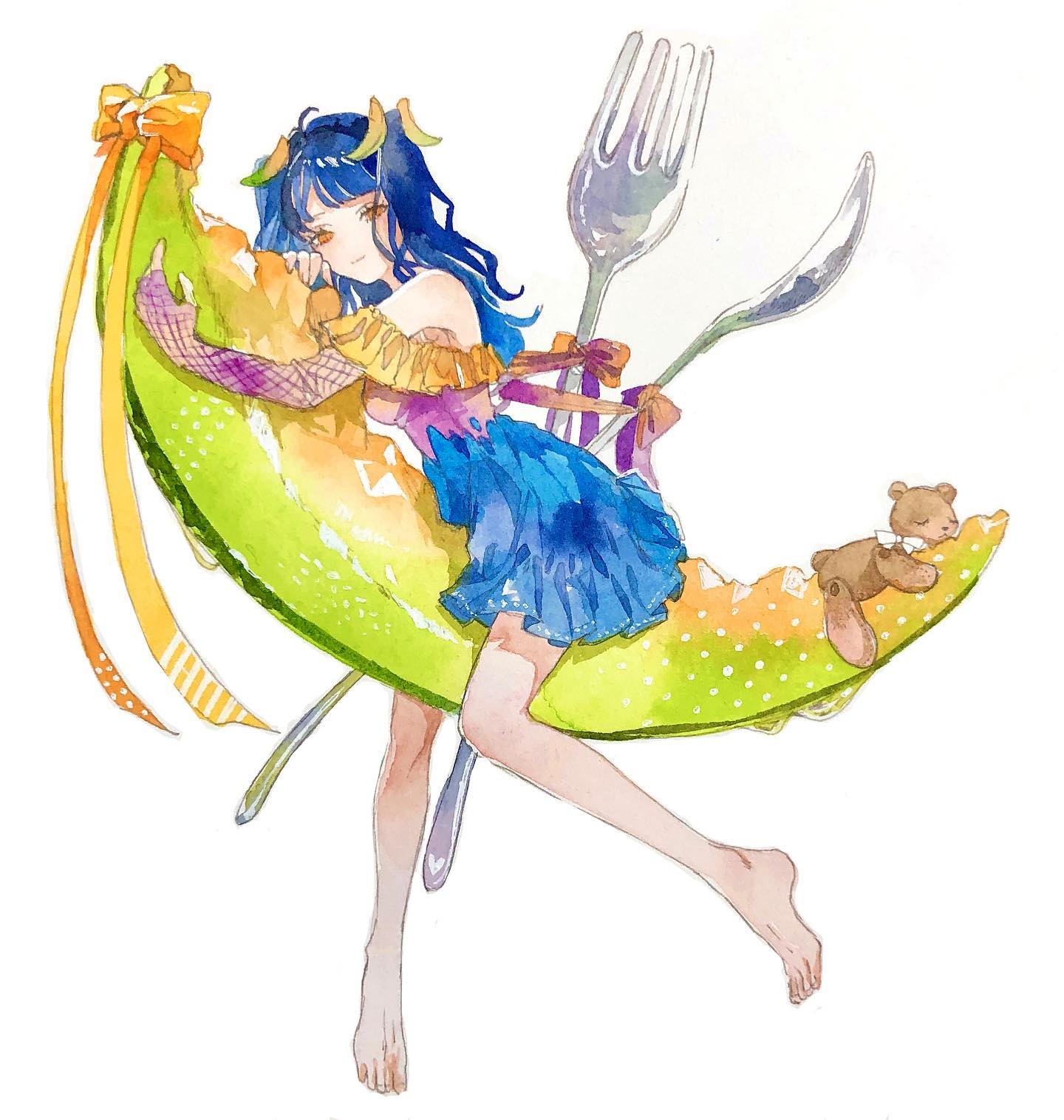 1girl bare_legs bare_shoulders barefoot blue_hair blue_skirt bow closed_mouth dress fishnets food fork frills fruit full_body highres horns long_hair looking_at_viewer melon off_shoulder original oversized_food oversized_object painting_(medium) ribbon shirt simple_background sitting skirt solo spoon srnmomo stuffed_animal stuffed_toy teddy_bear traditional_media watercolor_(medium) white_background