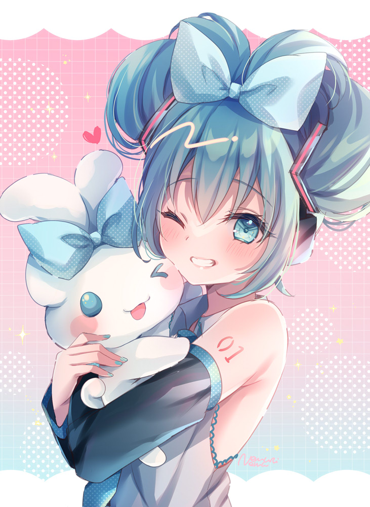 &gt;_o 1girl black_sleeves blue_bow blue_eyes blue_hair blue_necktie blush bow cinnamiku cinnamoroll collared_shirt commentary_request crossover detached_sleeves grey_shirt grin hair_bow hatsune_miku heart hug long_sleeves looking_at_viewer necktie nemuri_nemu one_eye_closed revision sanrio shirt signature sleeveless sleeveless_shirt smile upper_body vocaloid