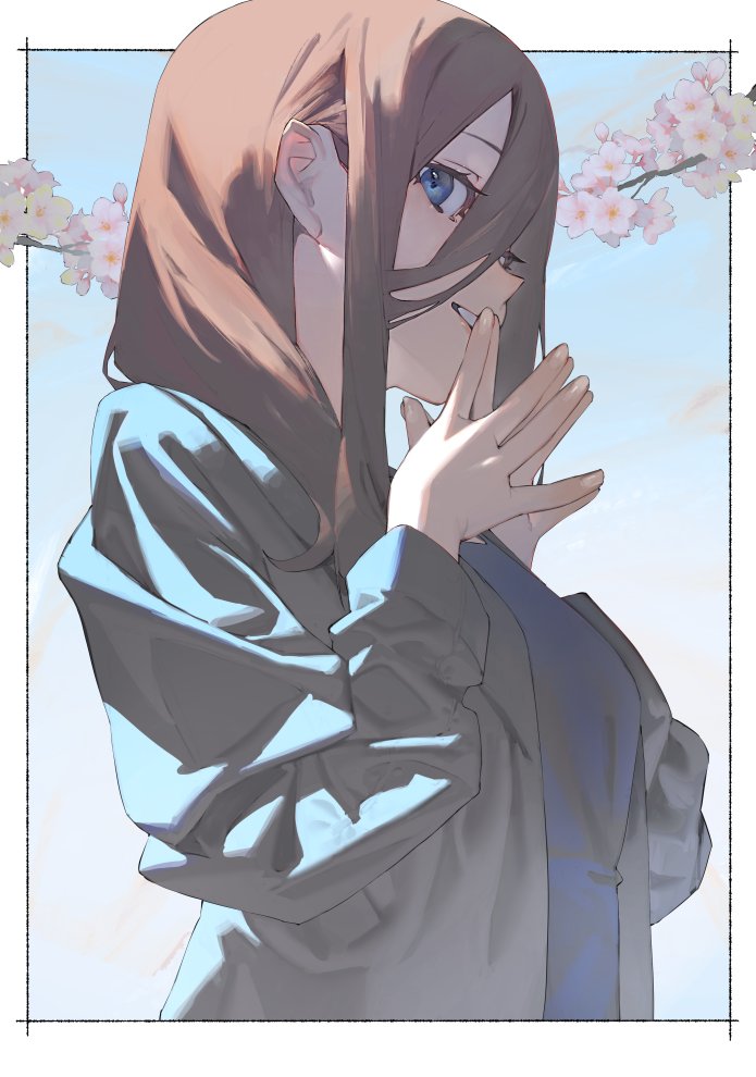 1girl blue_eyes branch brown_hair cherry_blossoms from_side go-toubun_no_hanayome hair_between_eyes jacket long_hair long_hair_between_eyes long_sleeves looking_at_viewer looking_to_the_side mi8pq nakano_miku open_clothes open_jacket parted_lips simple_background smile solo steepled_fingers sweater upper_body