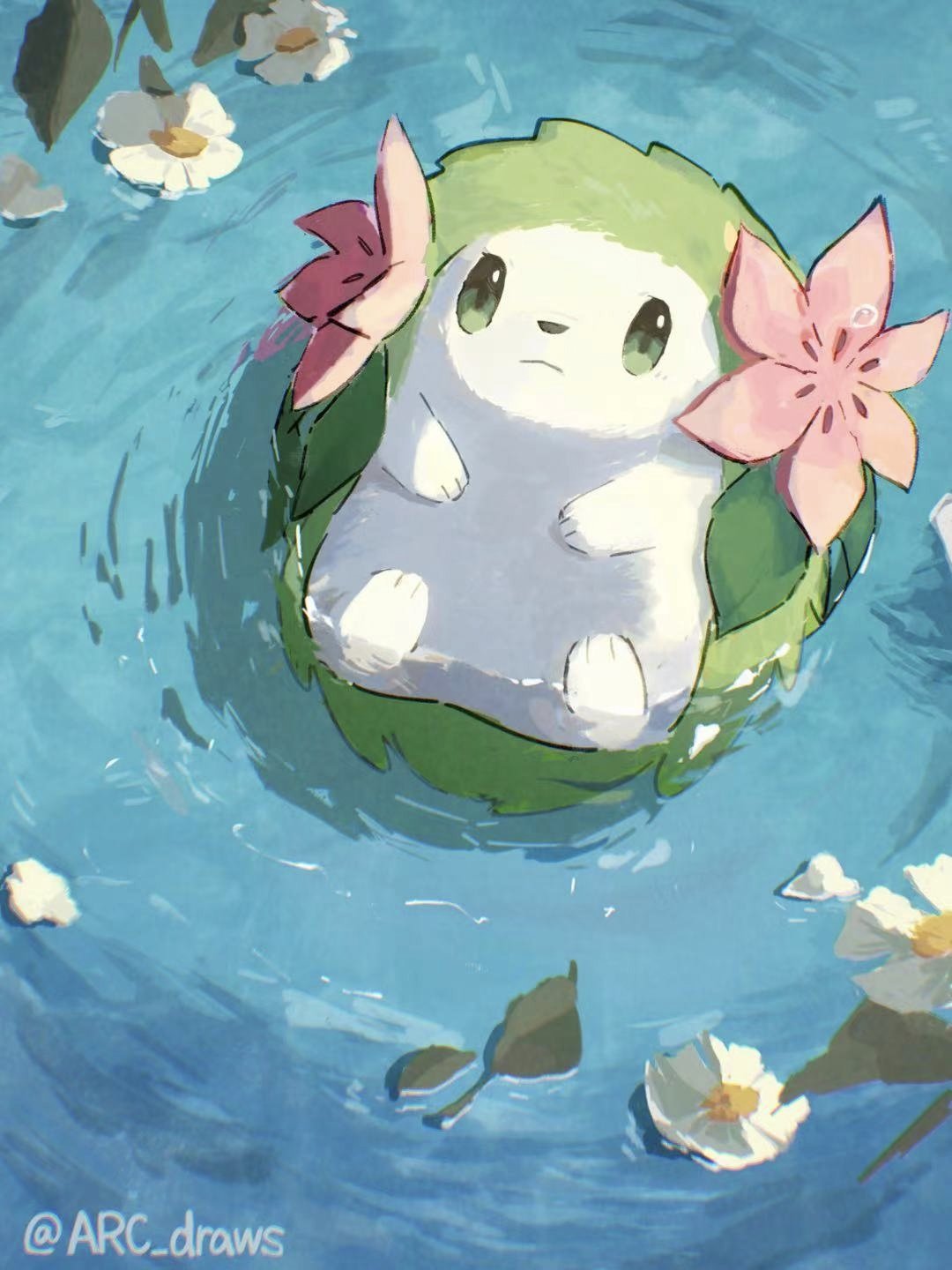 afloat arc_draws closed_mouth flower from_above green_eyes highres leaf no_humans pokemon pokemon_(creature) shaymin shaymin_(land) solo twitter_username water white_flower