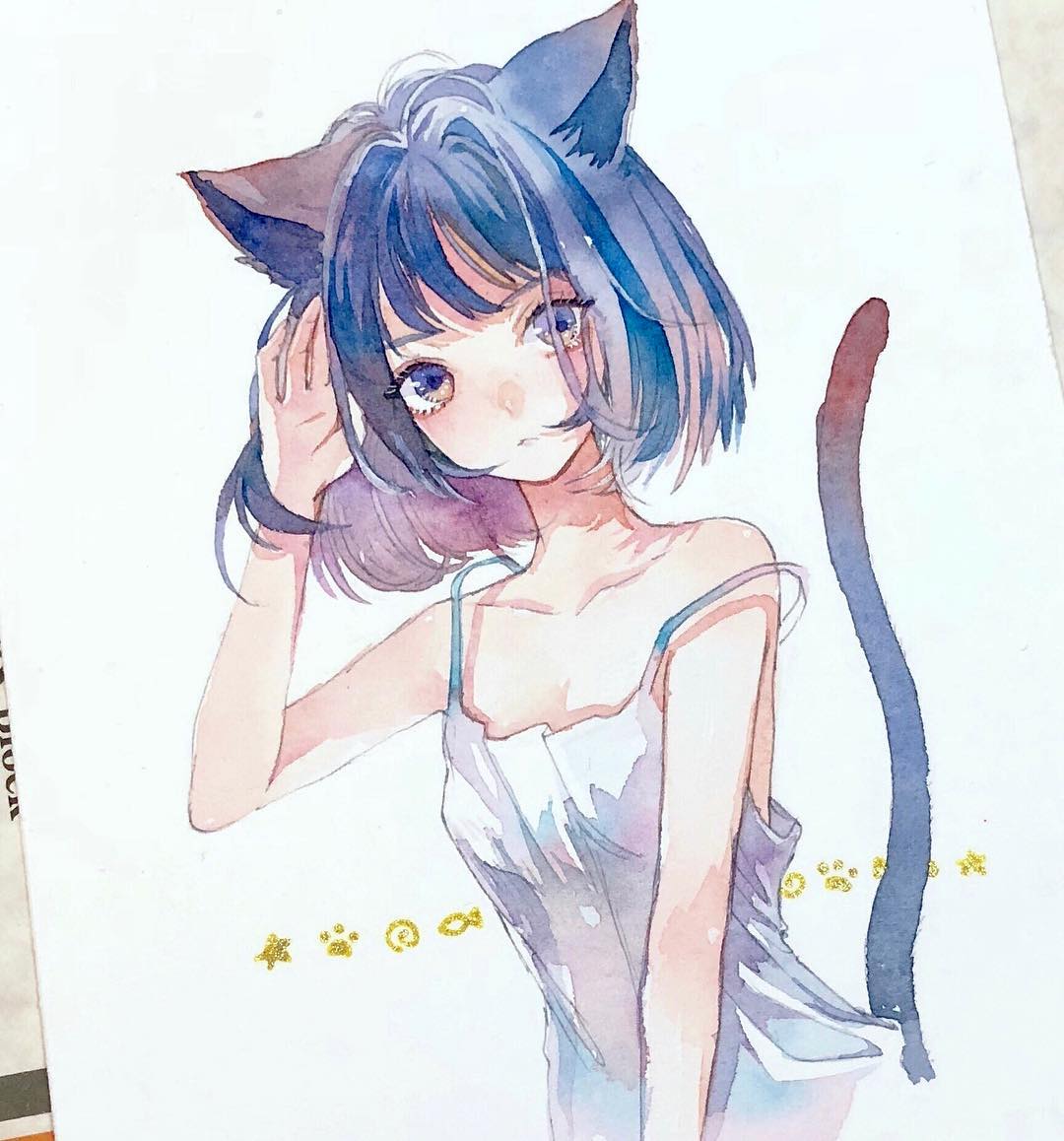 1girl animal_ears art_tools_in_frame bare_shoulders blue_eyes blue_hair breasts camisole cat_ears cat_girl cat_tail closed_mouth collarbone hand_up looking_at_viewer medium_hair original painting_(medium) paw_print short_hair simple_background sleeveless solo spaghetti_strap srnmomo strap_slip tail traditional_media upper_body violet_eyes watercolor_(medium) white_background