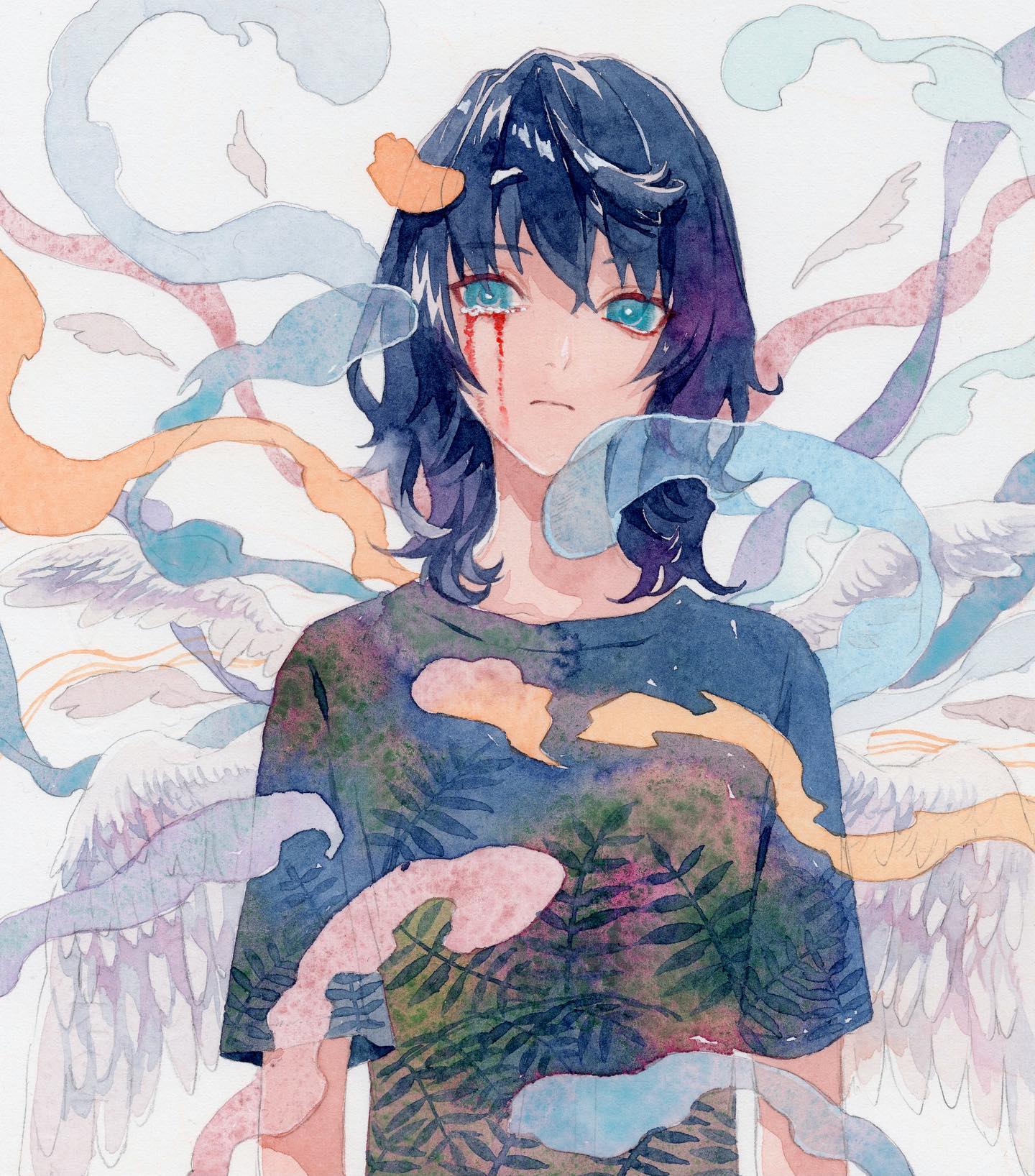1girl angel_wings aqua_eyes black_shirt blood blood_from_eyes blood_on_face blue_eyes blue_hair bright_pupils closed_mouth feathered_wings highres leaf_print looking_at_viewer medium_hair original painting_(medium) shirt short_sleeves smoke snake solo srnmomo t-shirt tearing_up tears traditional_media upper_body watercolor_(medium) white_background white_pupils white_wings wings