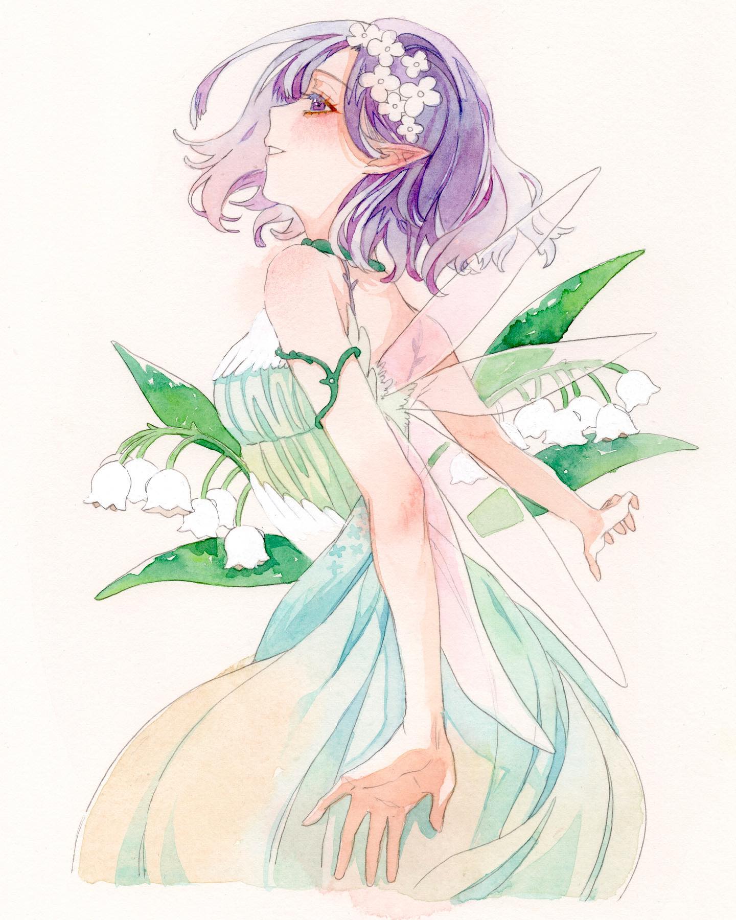 1girl bare_arms bare_shoulders blush cowboy_shot cropped_legs dress fairy fairy_wings flower from_side hair_flower hair_ornament head_wreath highres leaf original painting_(medium) parted_lips pointy_ears profile purple_hair short_hair simple_background sleeveless sleeveless_dress smile solo srnmomo traditional_media violet_eyes watercolor_(medium) white_background white_flower wings