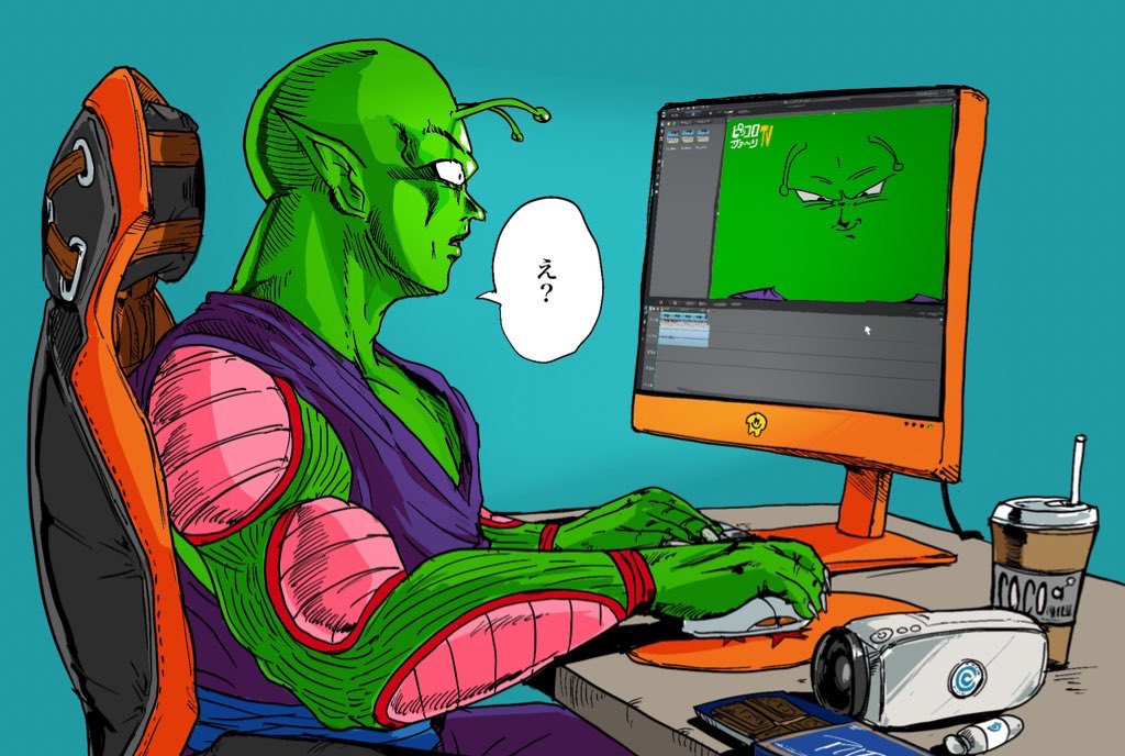 1boy antennae chair colored_skin confused cup disposable_cup dragon_ball gaming_chair green_screen green_skin male_focus megakun monitor mouse_(computer) namekian piccolo swivel_chair webcam you're_doing_it_wrong