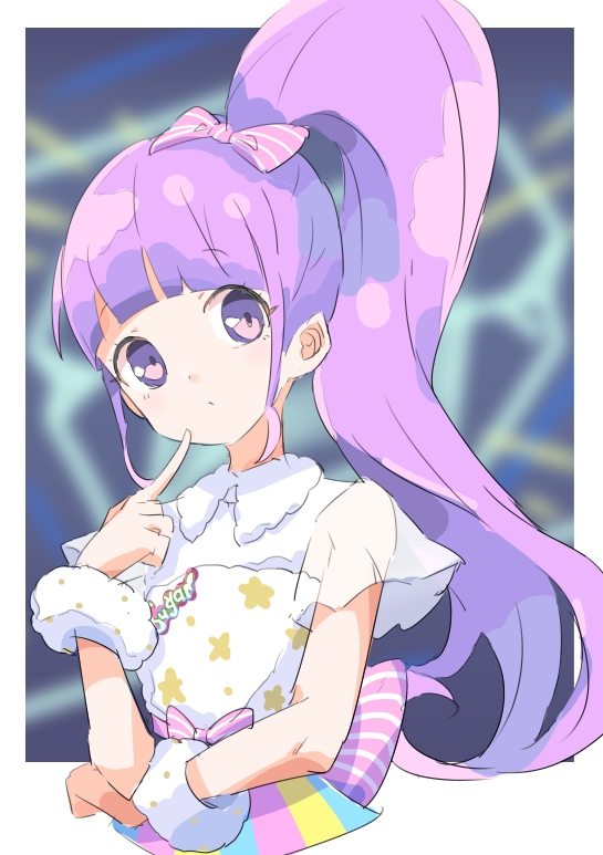 1girl blunt_bangs blurry blurry_background border closed_mouth cropped_torso finger_to_cheek hand_up long_hair looking_at_viewer manaka_non pretty_series pripara purple_hair shirt short_sleeves side_ponytail sidelocks solo tulaca_(pixiv) upper_body violet_eyes white_border white_shirt wrist_cuffs